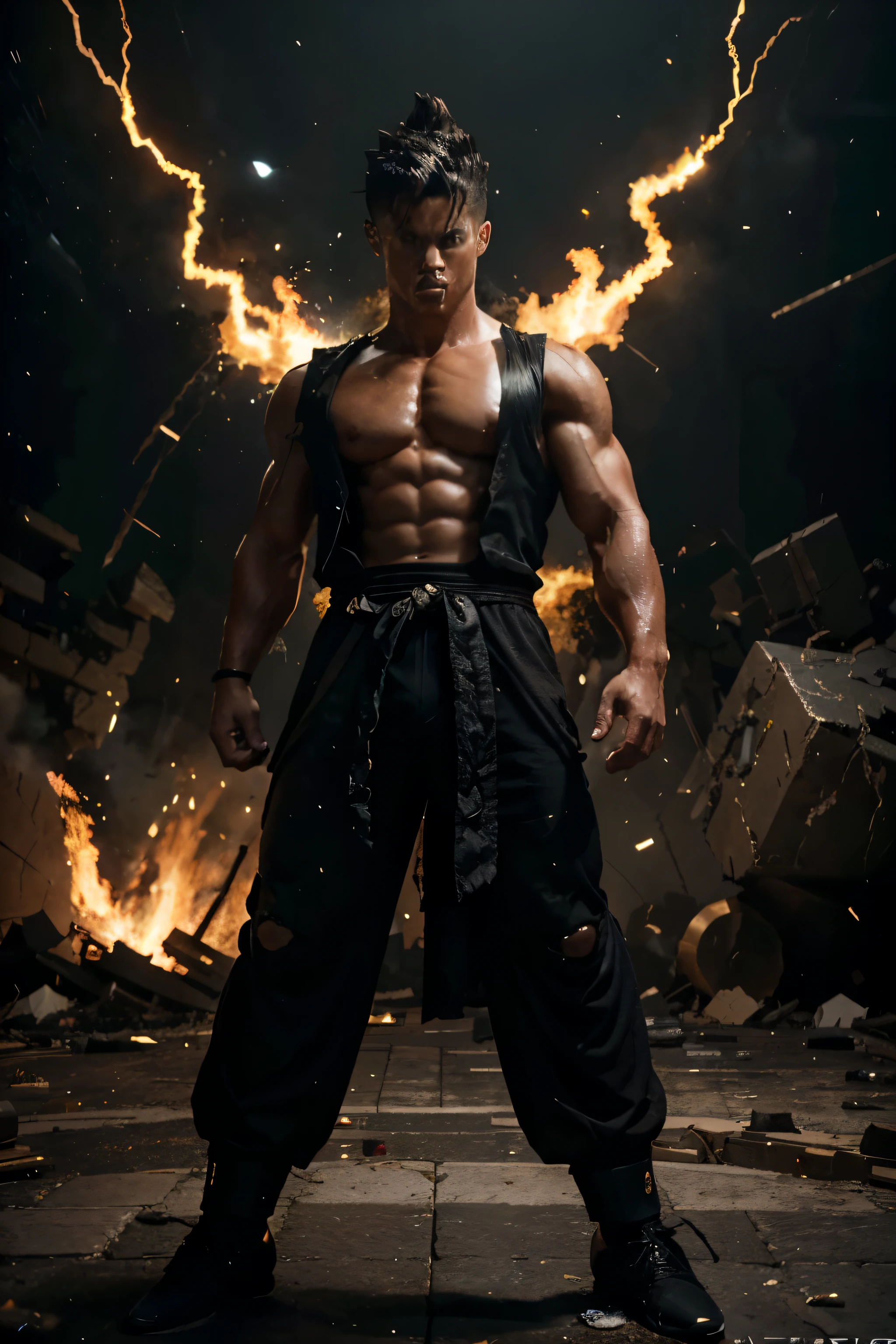 A realistic Imagem de corpo inteiro of Cristiano Ronaldo as a super saiyan, SSj2, vestindo roupas saiyan pretas e bronze, Ki pesado ao redor, Destruction all around, intenso poder de ki, cara de bravo, rosto detalhado, olhos detalhados, perfect composition, linda, detalhada, intrincada, insanamente detalhada, octane rendering trend in artstation, 8K, obra de arte, Imagem de corpo inteiro,