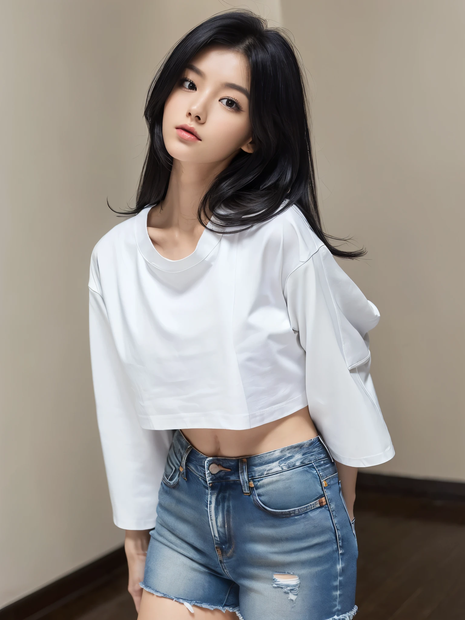 (Need, full bodyesbian, Long legs, Focalors:1.2, perfect figure beautiful korean girl:1.4, Slim abs:1.1, ((Deep black hair, medium tit:1.2 )), (white tight t-shirt, Denim jacket, standing on your feet:1.2), Highly detailed facial and skin texture, A detailed eye, double eyelid