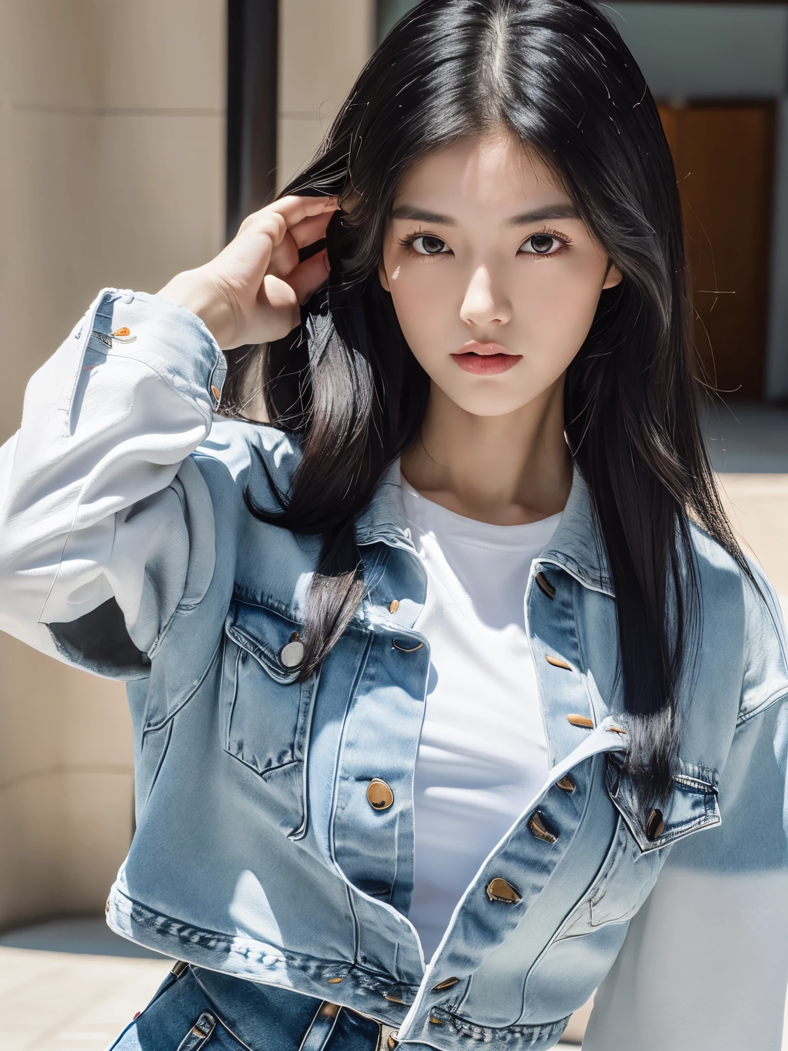 nikon RAW photo,8 k,Fujifilm XT3,masterpiece, best quality, 1girl,realistic, photorealistic,ultra detailed, diamond stud earrings, hazel eyes, serious expression, slender figure, <lora:lightAndShadow_V10:0.7> ,(((iu1))),,(((lora iu face))),((korean)),((muscularity)),(((full_body_picture))),(young_woman),(whirt_tshirts),((jeans)),(denim jacket),(city),(long_straight_hair),((black_hair)),<lora:iu_V35:1>