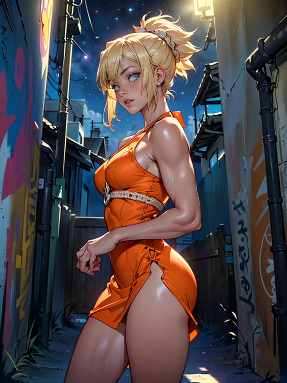 (((back, fitness), pink lipstick, Extremely detailed, ambient soft lighting, 4k, perfect eyes, a perfect face, perfect lighting, a 1girl)), austere, ((high hell, stiletto high heels, (orange dress, crochet bodycon dress, sleeveless, halter, single front), bodycon dress)), night sky, clouds, (graffiti alley, graffiti walls, in an alley, night, moonlight, starry night), (((austere, ((masterpiece, cowboy shot, intricate, highly detailed, 1girl)))), ((kohaku, blonde hair, blue eyes, kawai, cute, portraits, vivid colors, soft lighting))