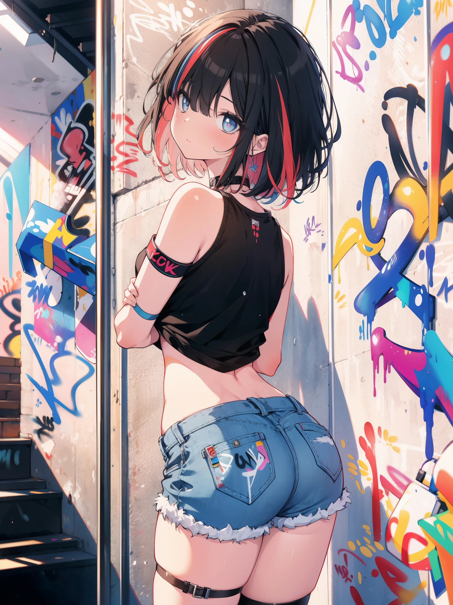 (cowboy shot), (best quality, ultra-high resolution, depth of field:1.2), adult, 1woman, toned body, medium breasts, wide hips, solo, black hair, streaked hair, short hair, bangs, black crop top, strings, denim shorts, choker, (graffiti:1.4), paint splatter, arms behind back, (slouching), (leaning back:0.5), against wall, (leaning to the side:0.5), looking at viewer, armband, thigh strap, streaked hair, paint on body, upturned eyes, head down, head tilt, (from side:1), bored
