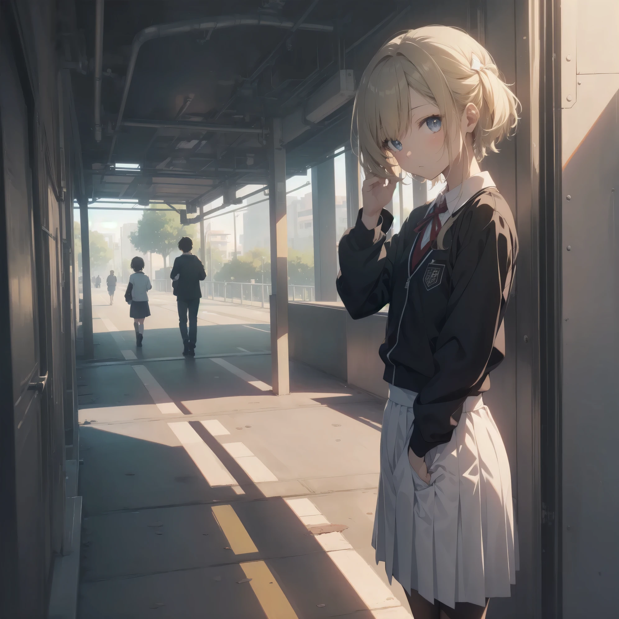 Super absurd quality by the god of art, super detailed, High resolution, anime moe art style, Best Anime 8K Kona-chan Wallpaper, pixiv contest winner, perfect anatomy, break,(眠そうにalone学校へ行く女の子を描いてください. )break,1 girl, (alone,little woman, baby face, 13 years old:1.3),All limbs, full finger,, The charm of an immature body, (very_short hair), bangs, flat chest, Small Bodysuits, small ass, between legs, small black eyes, detailed and beautiful eyes, Well-proportioned iris and pupils, expressive eyes, sleepy eyes, High resolutionの詳細な髪, hair grip, neck ribbon, skirt, collared shirt, pleated skirt, school uniform, school bag,(detailed lighting), (detailed background), On the way to school. break,super dense skin, Best movie lighting by famous artists, 8k,cute illustration,photoshop_(Moderate),Absurd Hi-Res,Hmm,rough skin