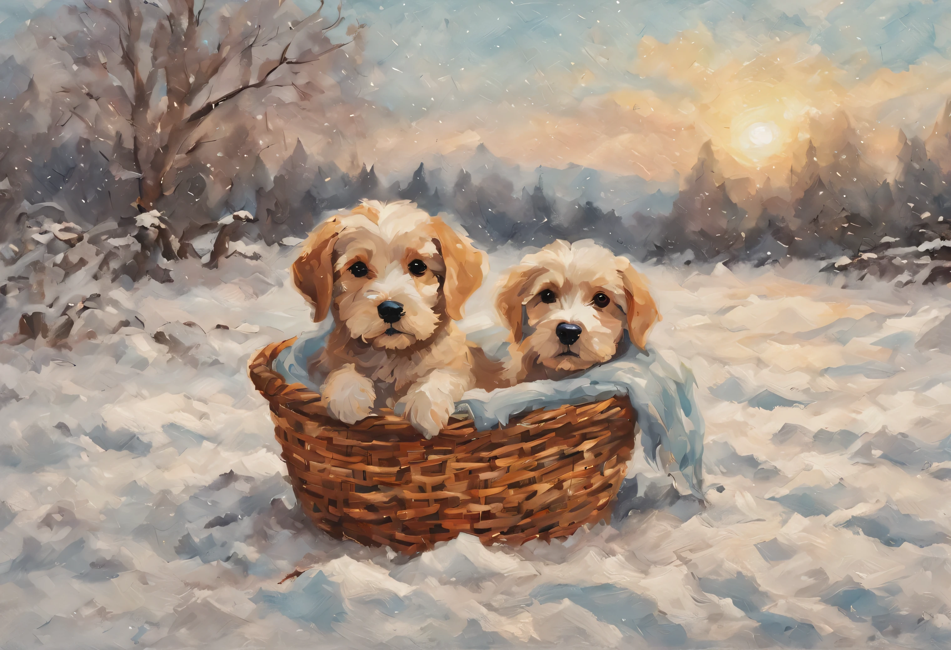 Impasto style, splatter art, thick wet oil paints, bright soft colors, heavy brushstrokes, a cute little puppy in a basket, wrapped up in a blanket, winter in the background