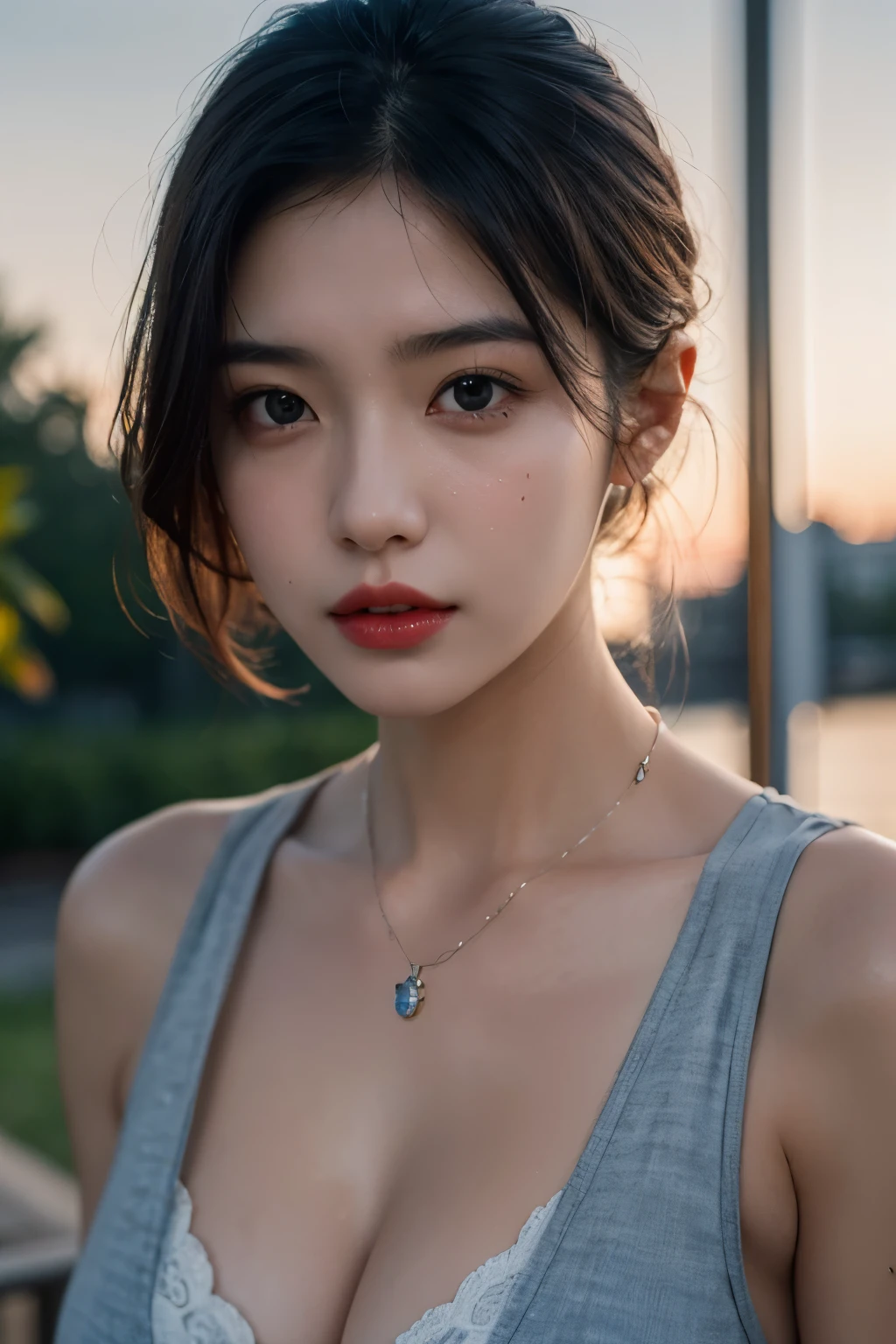 8K, HDR, Top quality, Masterpiece, (Realistic: 1.2), 20-years-old mixed (dilraba dilmurat : 0.5)-(alexandra daddario : 0.5)-(japanese-korean) 1girl, purple shaded blue hair, messy short hair, Blue eyes, Upper body, Wearing business suit attire, necklace, holding chin, outside the park. oval face, ((orange lips)), Detailed face, Beautiful eyes, Teary eyes. Professional Photography, medium shot, Hyper Realism, volumetric lighting, ambient lighting, sunset, hot summer, hyperdetailed, sweaty (moist skin:1.2), (shiny body:1.3), extremely detailed face, extremely detailed eyes, extremely detailed skin, extremely detailed nose, extremely detailed mouth, perfect anatomy. (perfect round small breast A-Cup : 0.5), slight cleavage
