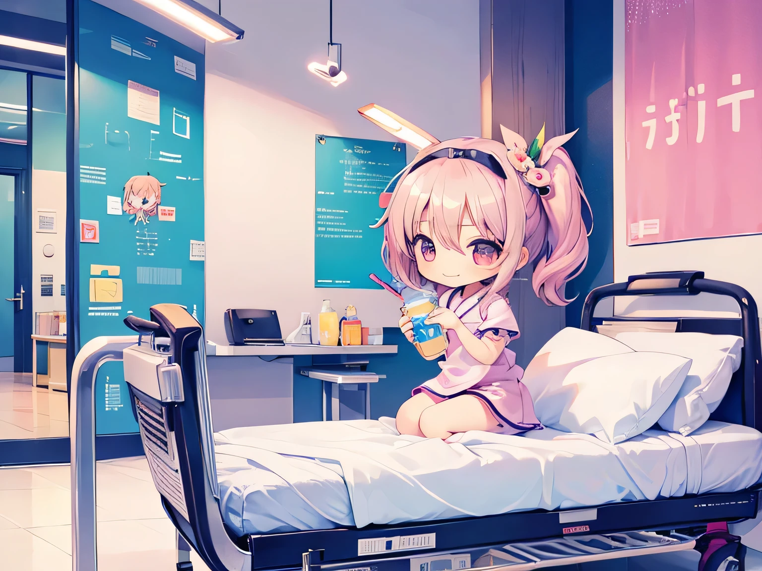 cute女の子 (((Little))) cute, stylish clothes, best smile, drinking juice in a hospital bed