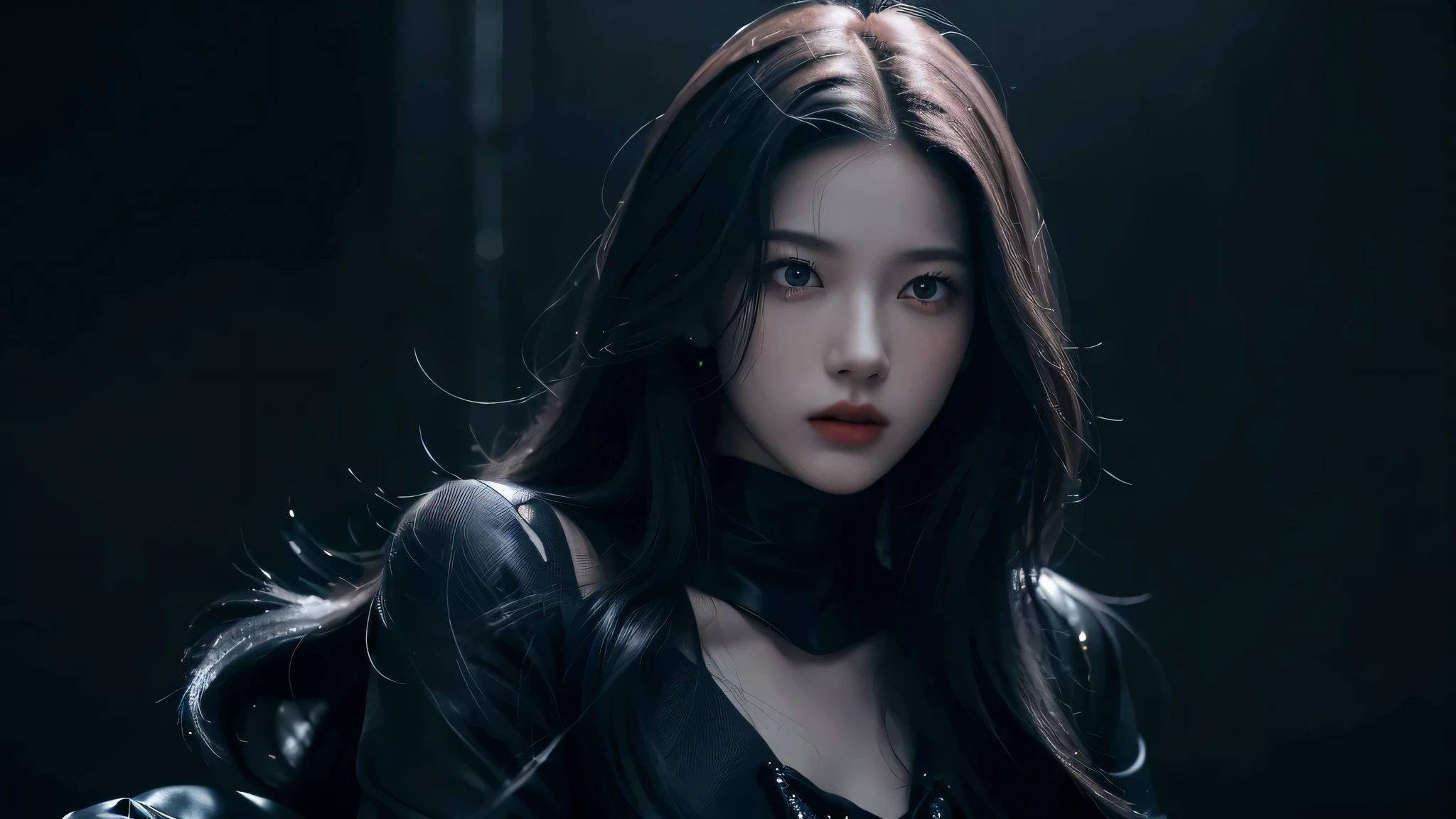 (best quality, highres:1.2), realistic, black dress, black hair, dark theme, black background, intense gaze, elegant posture, flowing dress, detailed facial features, long eyelashes, pale skin, contrast, fine details, dramatic atmosphere, gothic style, intense emotions, monochrome color palette, captivating setting, haunting beauty, artistic photography, everything is black