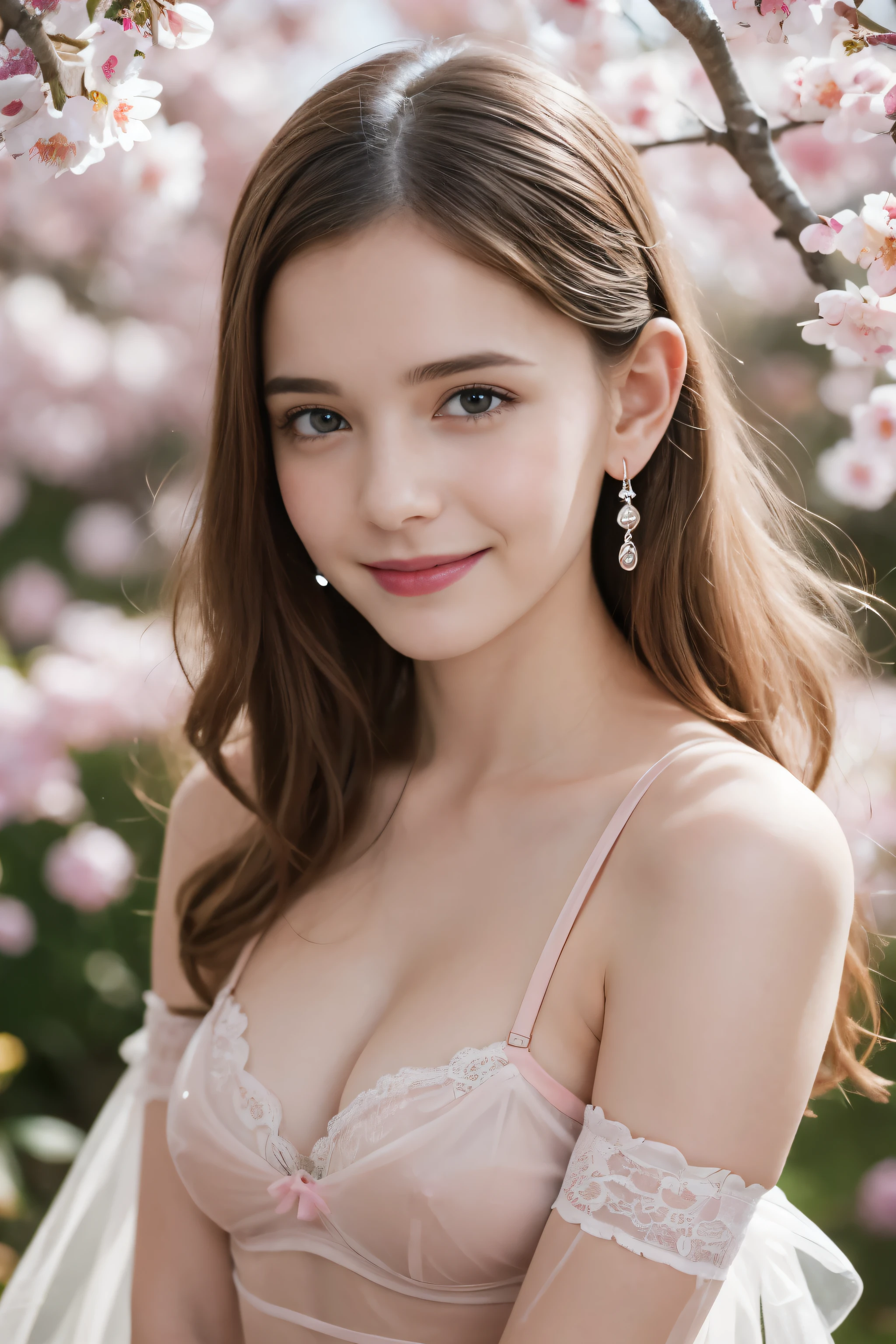 Masterpiece, Best quality, 8k, 18 ans, Photo brute, absurdes, Award-winning portrait, sourire, sourire, pure, french, elegant vibrant pink transparent dress, spring, orchard in bloom, laces, famous singer, cute, sweet, cherry lips, earrings, gossamer lingerie, Lisa
