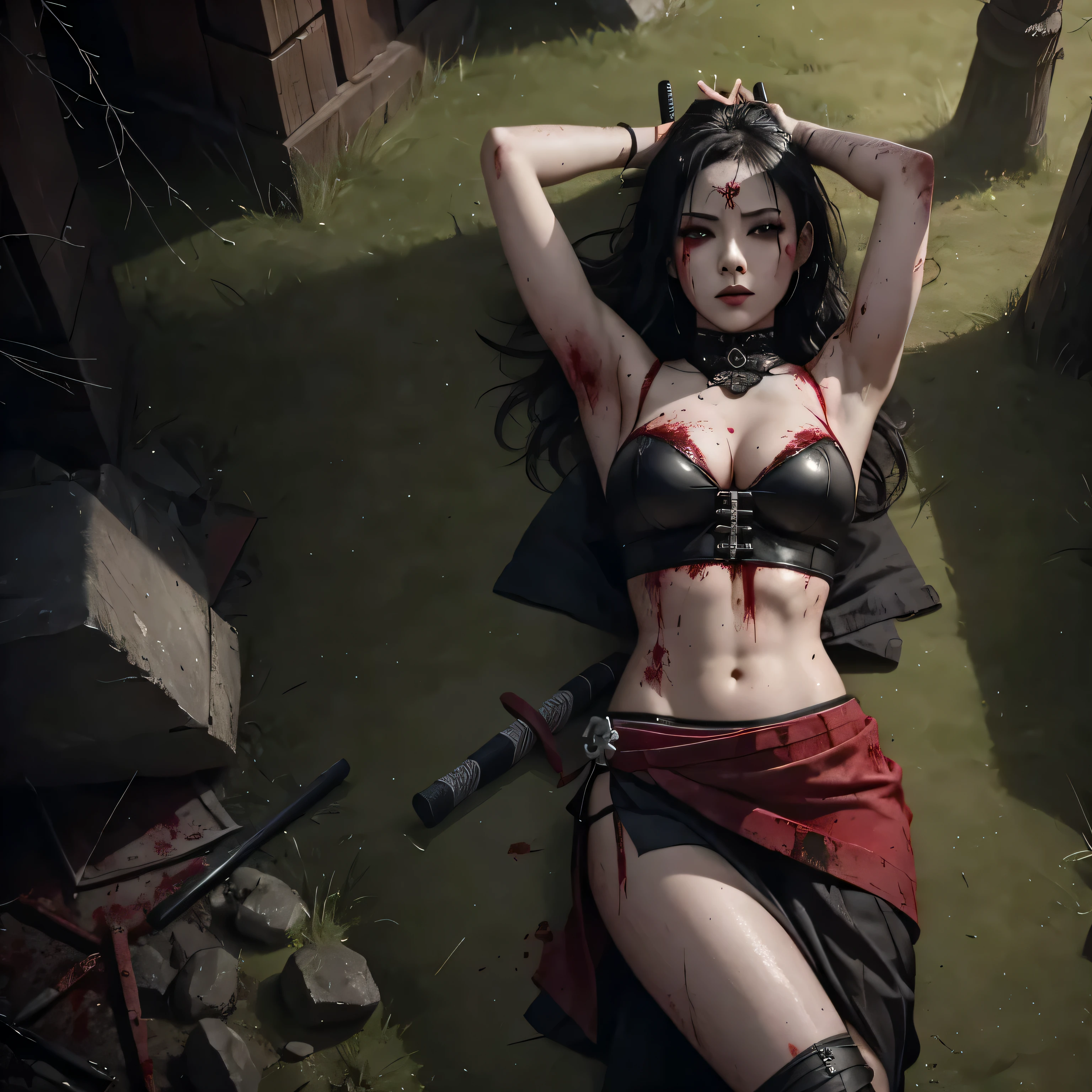 1 girl, sexy, beautiful samurai, katana, samurai, muscular abs, navel, fantasy, sensual, cropped corset goth top, mini skirt, beautiful asian goth girl, sexy, deep navel, heavy goth makeup, armpit, fighting, sweaty skin, blood, wounded, undead, red blood, horror, goth horror, samurai, near death, injured, tired, goth horror, horror, haunted, dripping blood, blood painted skin, blood all over the place, lay down on ground, wet skin, black eyes, red eyes, eyes hurt, navel pierced, blood in navel
