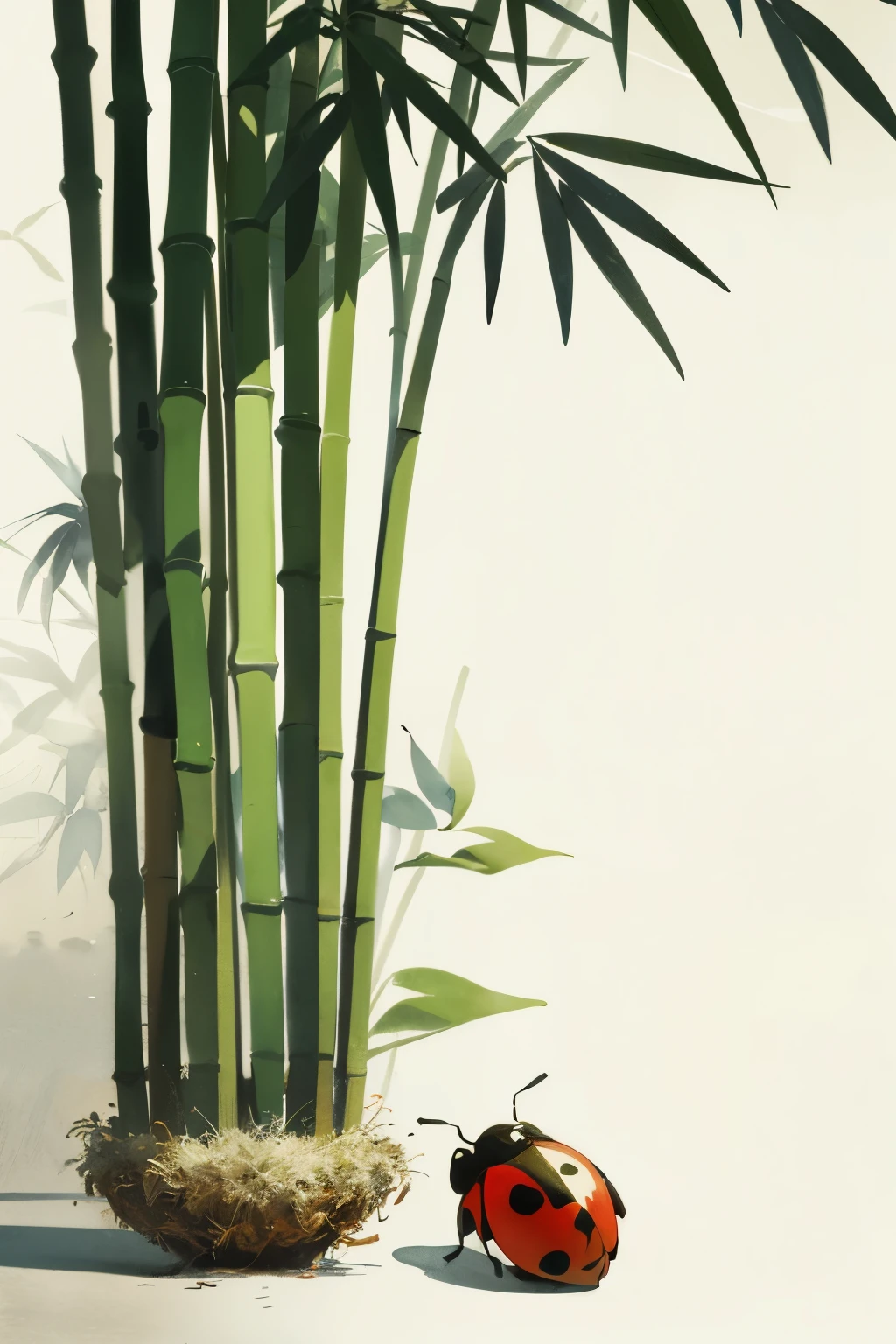 bamboo,A seven-star ladybug,Mostly left blank,Background accounts for two thirds,ink style,Chinese watercolor style,wallpaper art,Zen nature background,Beautiful proportions,solid color background,