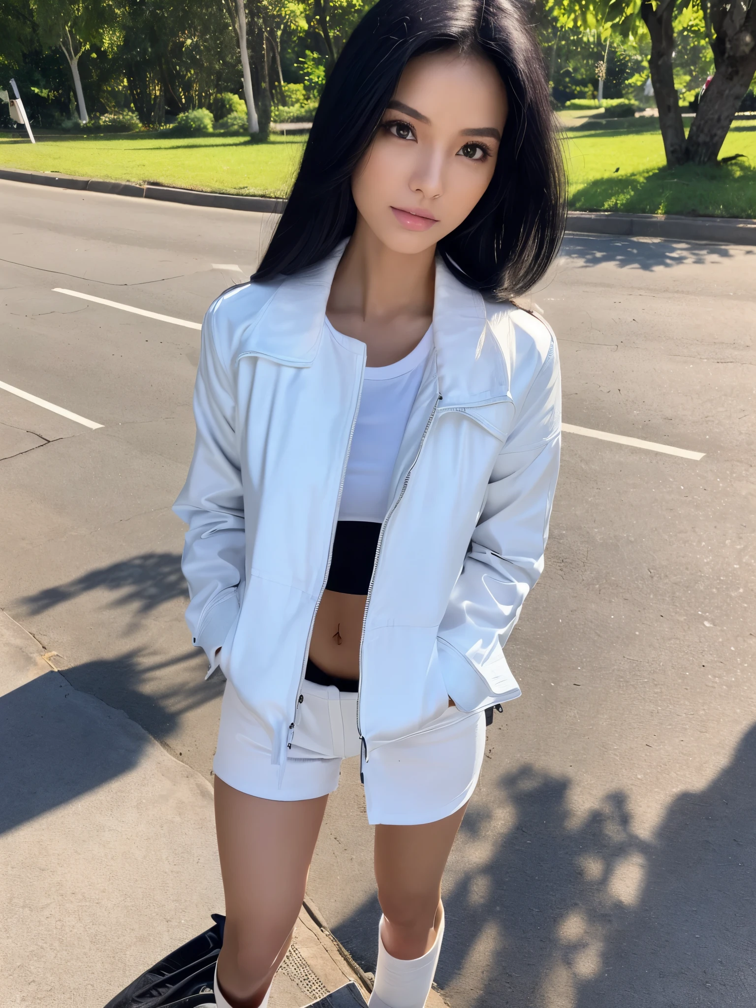 (Need, full bodyesbian ((head to toes)), Long legs, Focalors:1.2, perfect figure beautiful indonesian girl:1.4, Slim abs:1.1, ((Deep black hair, medium tit:1.2 )), (white t-shirt, blue jacket, standing on your feet:1.2), Highly detailed facial and skin texture, A detailed eye, double eyelid