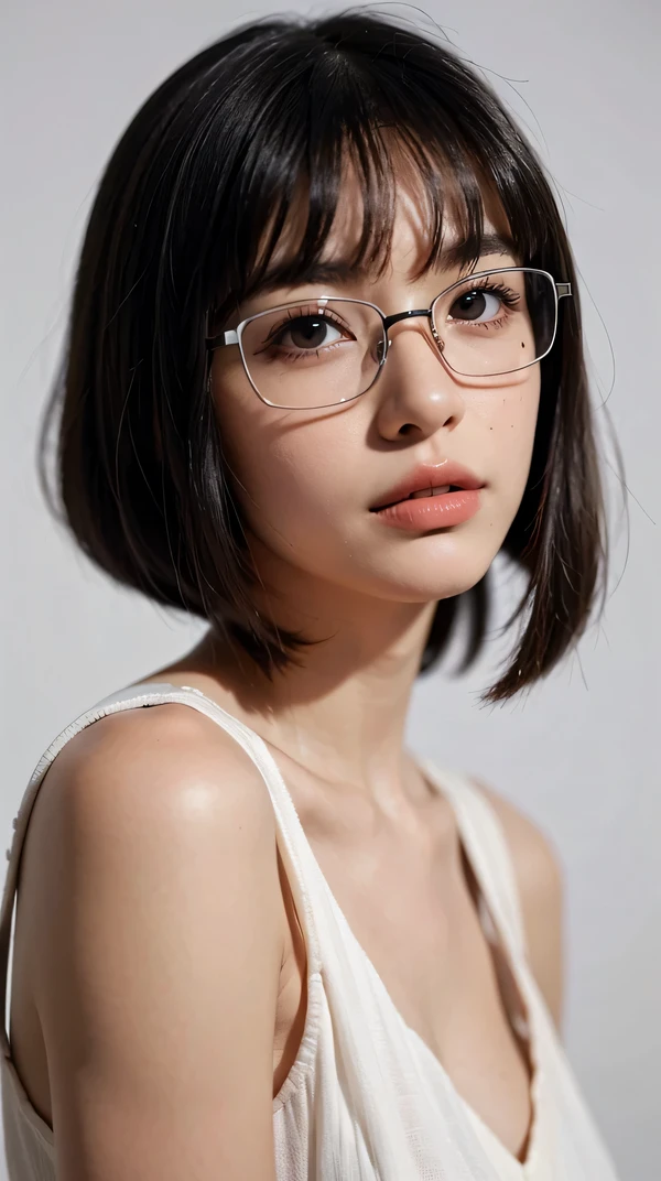 (masterpiece, highest quality, beautiful quality, realistic, detailed lighting, Very fine skin, highly detailed hair, Shadow, 8k, women pictures, bowl cut, dull bangs, black hair, Upper body, 1 girl, fc portrait:1.2), High resolution, huge file size, looking at camera ,Super detailed face, very fine eyes, very small nose, highly detailed mouth, perfect anatomy, Super detailed, very beautiful eyelashes, natural eyes, delicate eyes, simple white background, realistic lighting, light shines on your face, 1 girl, 20 generations,Glasses,white skin ,dress