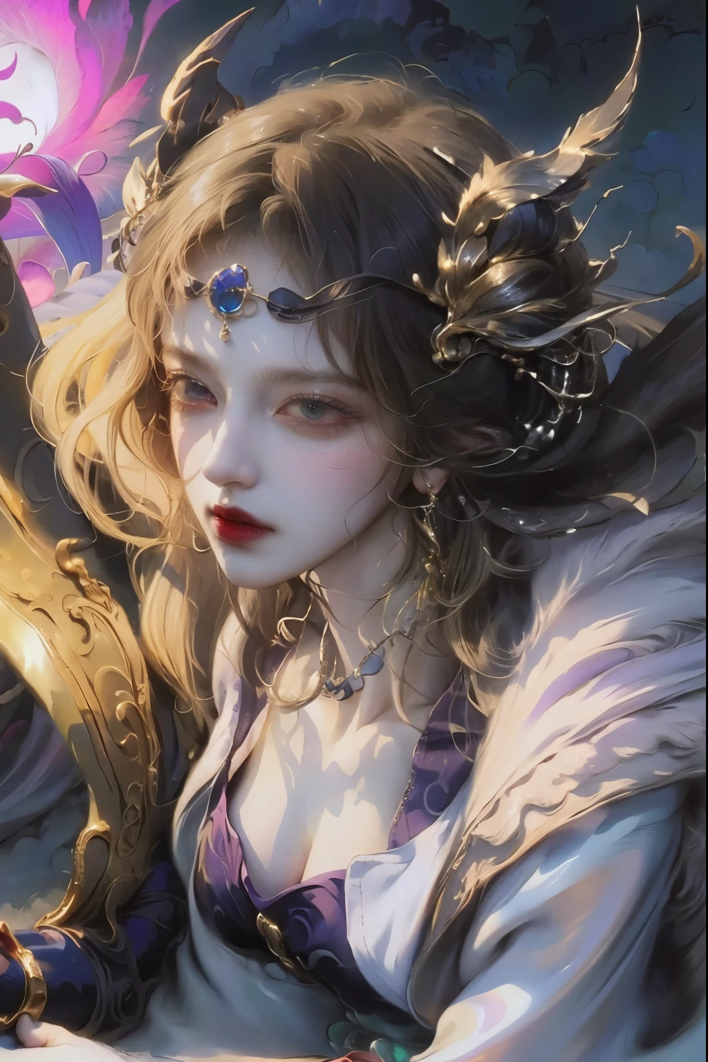 Close-up of woman wearing purple and black clothing, shadowbringers movie, 4K detail fantasy, beautiful fantasy queen, Game CG, xianxia fantasy, xianxia hero, 2. 5d cgi anime fantasy artwork, Movie goddess close up, Ruan Jia and artgerm, wow 4K detail fantasy, Super detailed fantasy characters