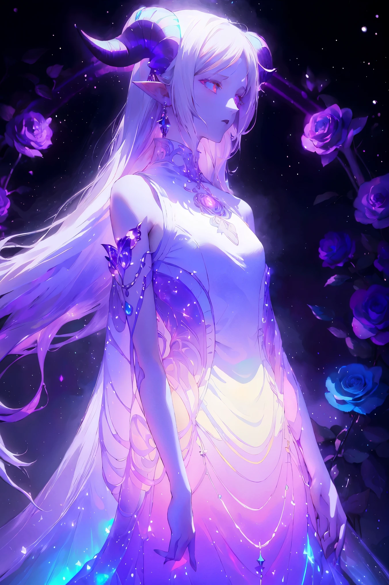 Designed by nty, one , solo, 8k, Ultra high quality, Albino demon girl standing, dark clothes, Photographed from a distance, ( long white hair:1.3) , purple rose bush, (Rainbow gradient bioluminescent dress), Blue turtleneck sweater with tulle skirt, blink ,(long and complex horns:1.2), White background, colorful clothes, intricate details