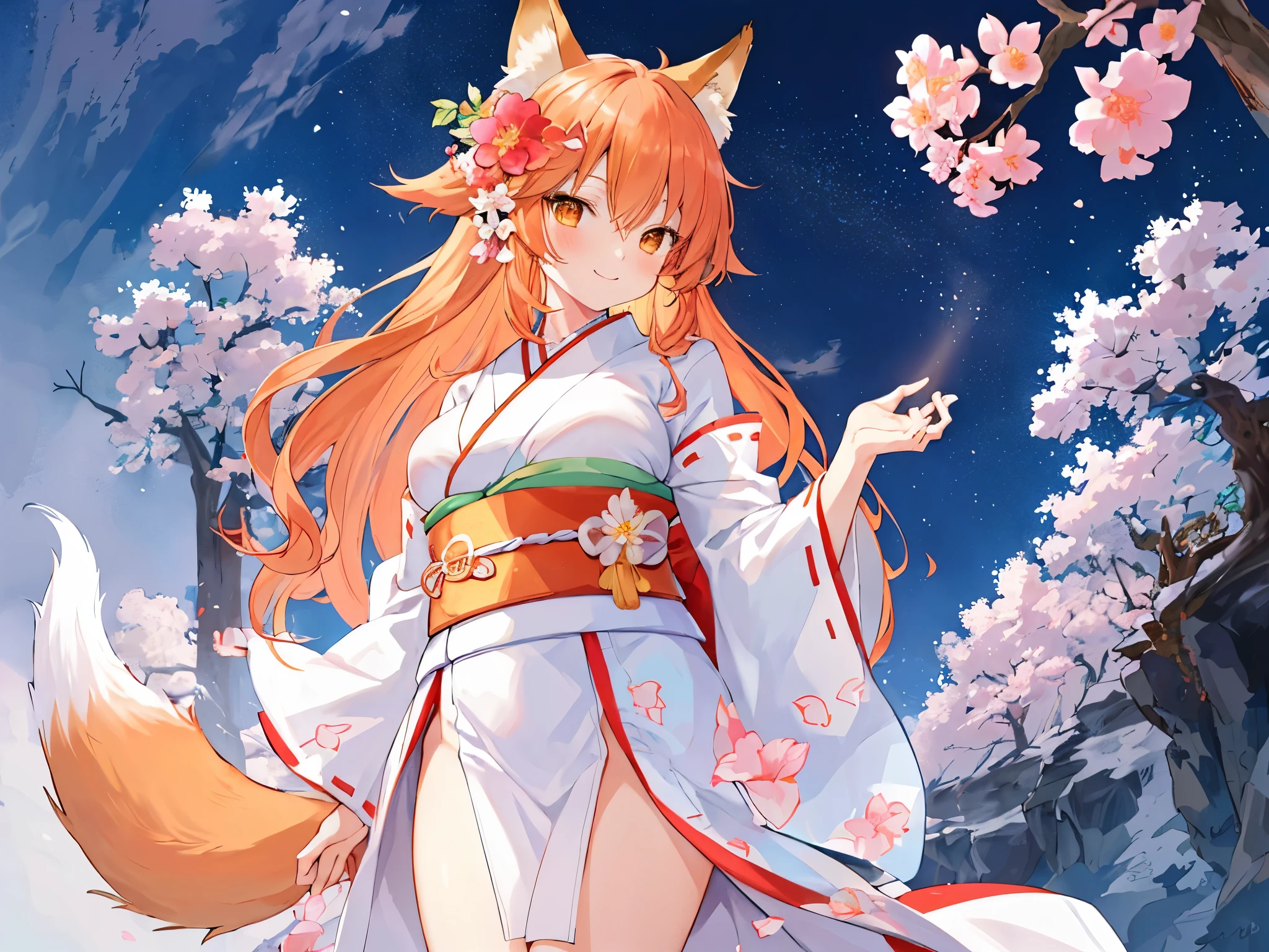 masterpiece, highest quality, very detailed, 1 girl, alone, (:3:0.9), animal earsの綿毛, animal ears, orange hair, fluffy hair, blush, brown eyes, flower, fox ears, fox girl, Slope, Slope background, hair flower, hair ornaments, kimono, kimono, looking at the viewer, Miko, smile, alone, white kimono, beautiful lighting、super big breasts、NSFW、