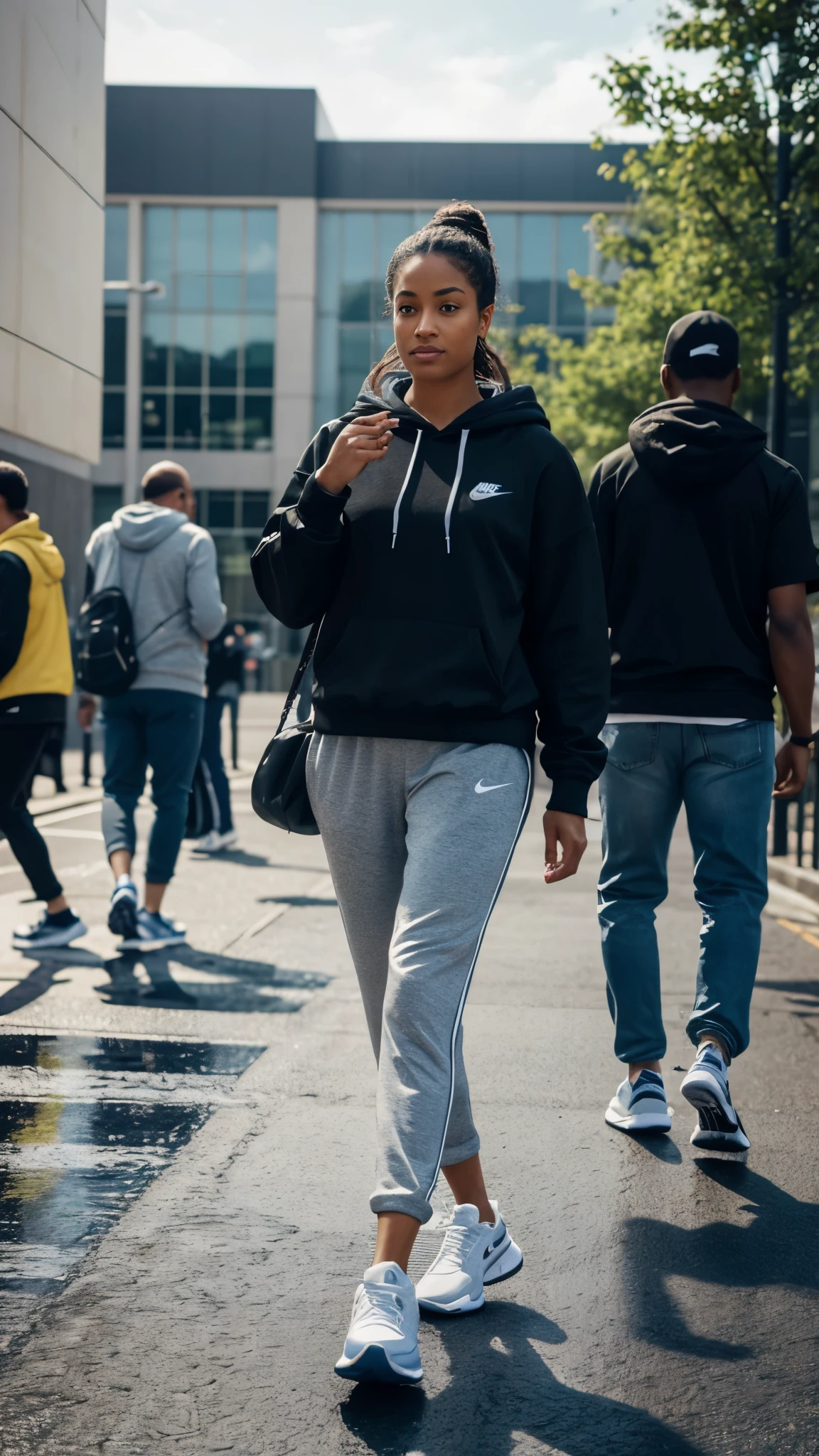 Scene Setting: Generate a highly detailed 8k HDR photo of a sneaker convention venue on a sunny day. Ensure the scene is vibrant and lively, with bright sunlight illuminating the surroundings. Character Description: Render a full-body image of Carolyn Davidson, wearing a black hoodie and long shorts. Ensure the clothing is depicted realistically, with attention to detail in the fabric texture and folds. Introduction of Nike Sneakers: Depict Carolyn Davidson introducing Nike sneakers with enthusiasm and confidence. Show her gesturing towards the sneakers with a welcoming expression, conveying her passion for the product. Focus on Shoes: Emphasize the Nike sneakers as the focal point of the image. Ensure they are showcased prominently, with clear details and vibrant colors to attract attention. Cinematic Rendering: Produce the image with a cinematic quality, paying attention to lighting, composition, and depth of field to create a visually striking result reminiscent of a movie production. Reflections on Wet Street: Incorporate reflections of the surroundings on the wet street, adding depth and realism to the scene. Ensure the reflections are accurate and contribute to the overall atmosphere of the image. Attention to Detail: Render the scene with meticulous attention to detail, capturing nuances like shadows, highlights, and textures to enhance realism and immersion. Overall Composition: Combine all elements seamlessly to create a visually captivating image that effectively showcases the Nike sneakers while capturing the energy and excitement of the sneaker convention. Pay attention to composition, framing, and visual storytelling to engage the viewer's attention. cover legs, cover legs, long pants . long pants long pants, wearing long pants
