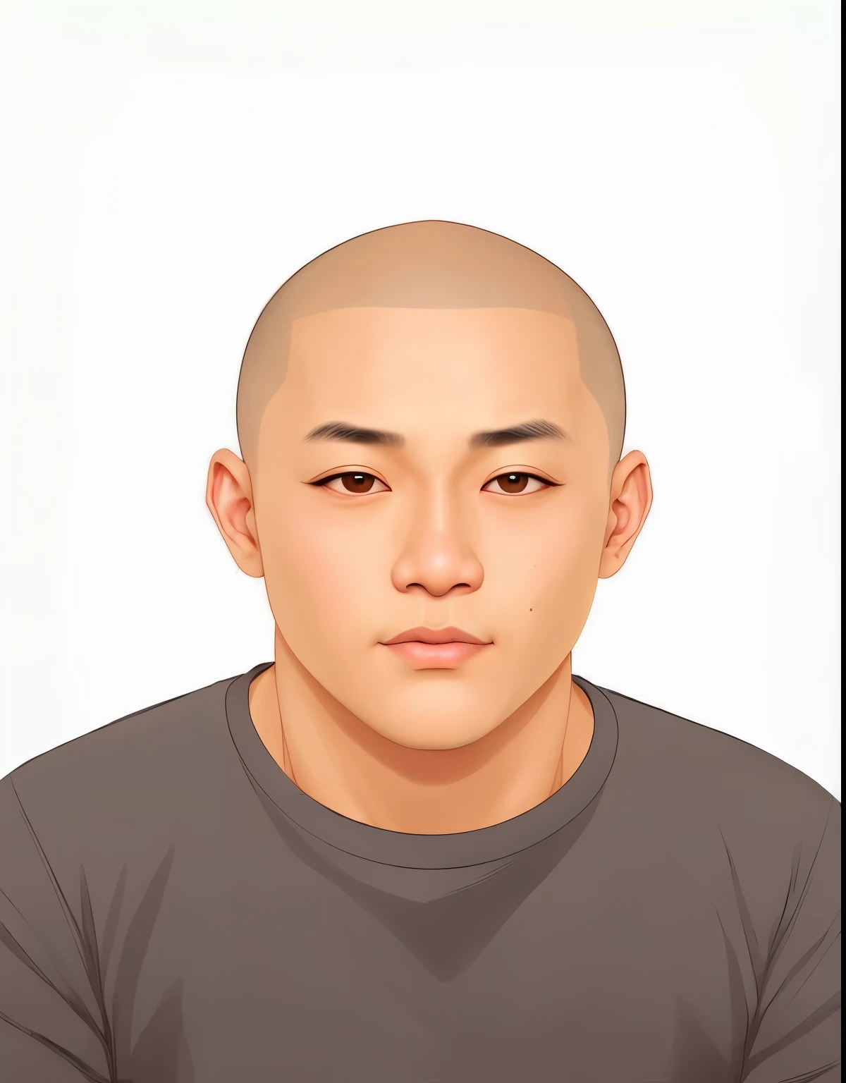 There is a bald man,Wear a black shirt, Clean shaven face, portrait front face reference, Detailed face of an Asian boy, Realistically rendered faces, buzz clip, Korean symmetrical face, buzz clip hair, digital illustration portrait, head-centered portrait, Southeast Asian round face, color portrait, detailed color portrait, digital portrait