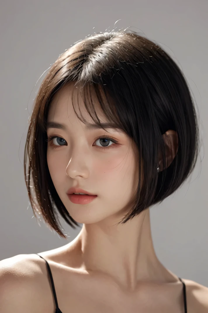 (masterpiece, highest quality, beautiful quality, realistic, detailed lighting, Very fine skin, highly detailed hair, Shadow, 8k, women pictures, black hair, bob cut, Upper body, 1 girl, fc portrait:1.2), High resolution, huge file size, looking at camera ,Super detailed face, very fine eyes, very small nose, highly detailed mouth, perfect anatomy, Super detailed, very beautiful eyelashes, natural eyes, delicate eyes, simple white background, realistic lighting, light shines on your face, 1 girl, 20 generations,Glasses,white skin ,black dress