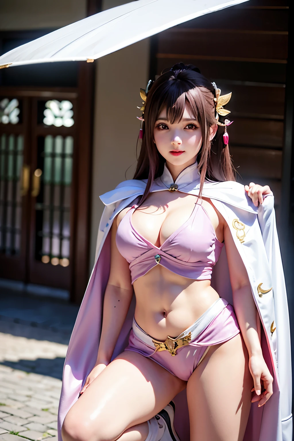 Alafi takes a photo wearing pink clothes and a cloak, V-chest open clothes, with cloak, smooth white tight clothing suit, anime girl cosplay, Superhero Girl, Trending on cgstation, anime cosplay, Cute girl in a tank suit, korean girl, Shahi, Chen Xintong, Wenfei Ye, wearing a two-piece swimsuit
