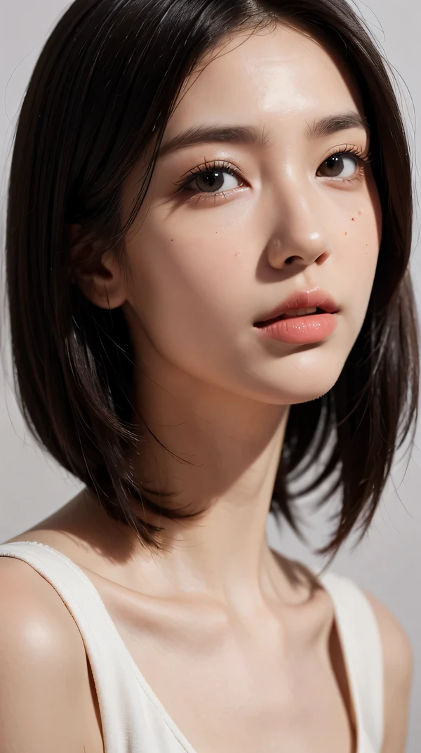 RAW photo, 8k, highest quality, masterpiece, Super detailed, super resolution, realistic pictures, portrait, professional photos, High resolution and beautiful, very delicate and beautiful, High resolution, huge file size, looking at camera ,Super detailed face, very fine eyes, Very fine skin, very small nose, highly detailed mouth, perfect anatomy, Super detailed, very beautiful eyelashes, natural eyes, delicate eyes, simple white background, realistic lighting, light shines on your face, 1 girl, 20 generations,short black hair,short bob hair, white skin ,dress,golden eyes,hyper hd,advanced details
