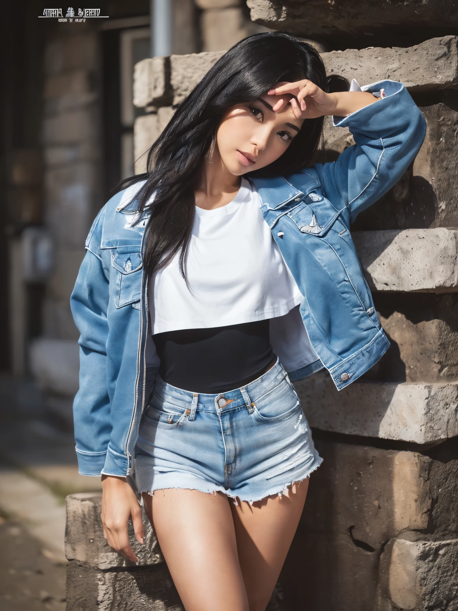 (Need, full bodyesbian ((head to toes)), Long legs, Focalors:1.2, perfect figure beautiful indonesian girl:1.4, Slim abs:1.1, ((Deep black hair, medium tit:1.2 )), (white t-shirt, blue jacket, standing on your feet:1.2), Highly detailed facial and skin texture, A detailed eye, double eyelid