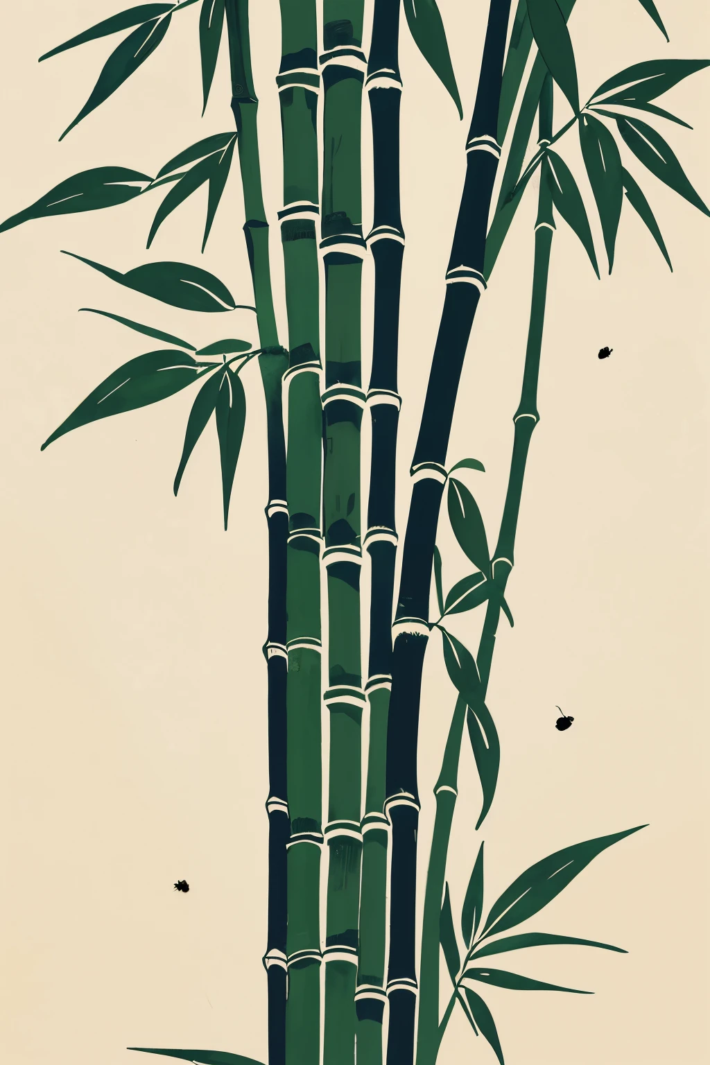 bamboo，A seven-star ladybug，Mostly left blank，Background accounts for two thirds，ink style，Chinese watercolor style，wallpaper art，Zen nature background，Beautiful proportions，solid color background，