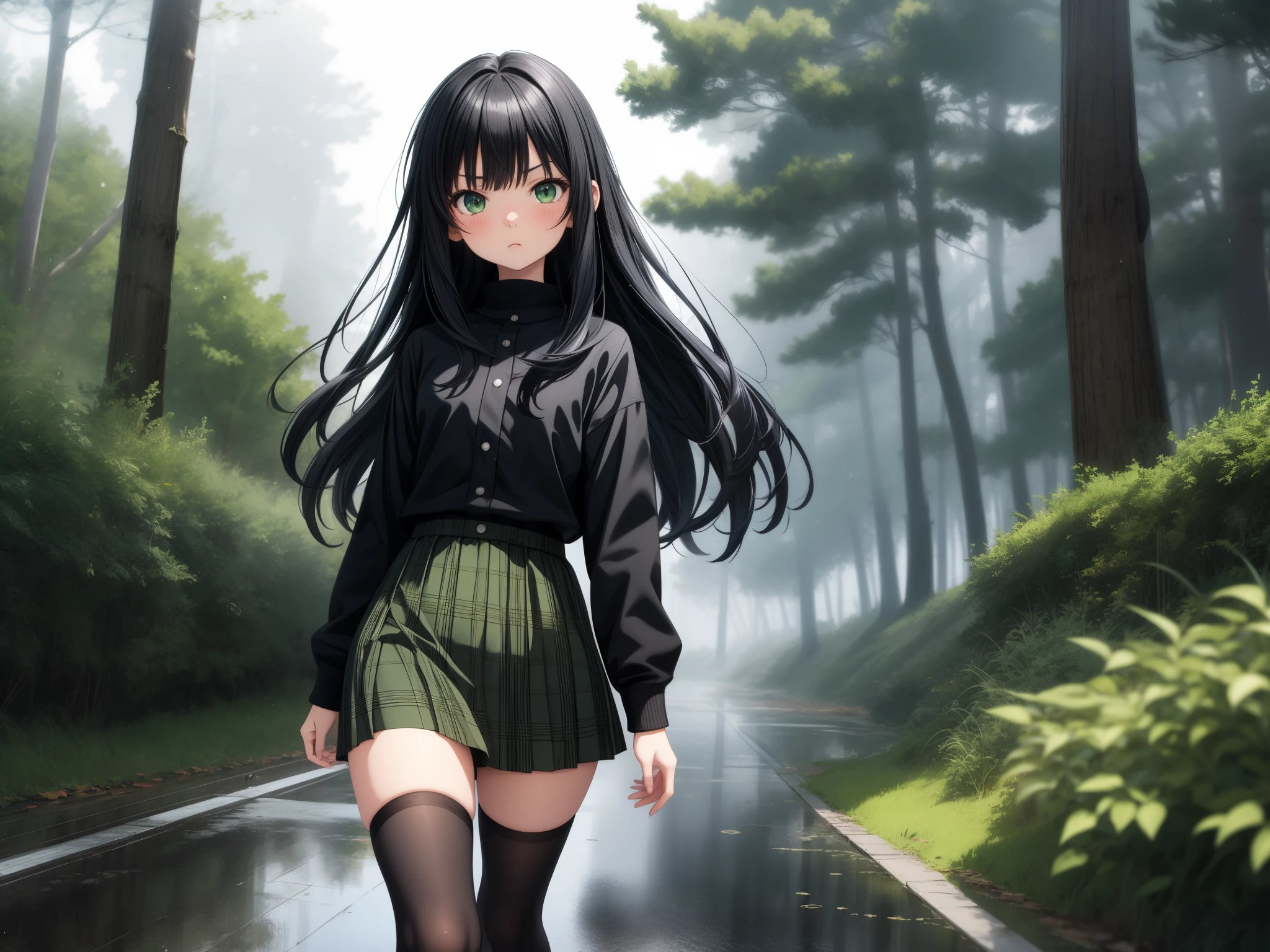 anime style, 1 girl, 10 years old, tiny breasts, very small breasts, thick thighs, sexy, feminine, black hair, serious face, very long hair, straight bangs, green plaid dress, gray miniskirt, black tights, forest, walking, fog, very cloudy, bluish light, puddles