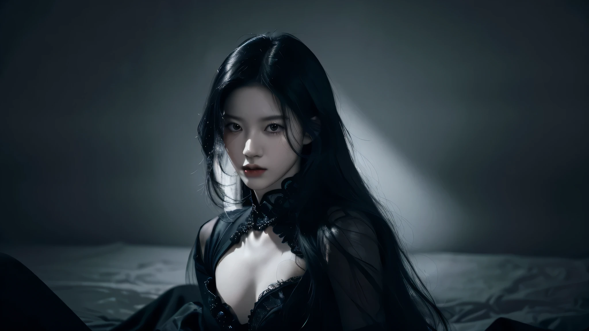 (best quality, highres:1.2), realistic, black dress, black hair, dark theme, black background, intense gaze, elegant posture, flowing dress, detailed facial features, long eyelashes, pale skin, contrast, fine details, dramatic atmosphere, gothic style, intense emotions, monochrome color palette, captivating setting, haunting beauty, artistic photography, everything is black