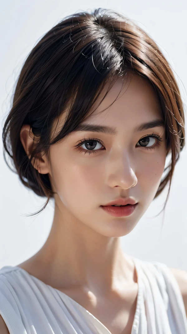 RAW photo, 8k, highest quality, masterpiece, Super detailed, super resolution, realistic pictures, portrait, professional photos, High resolution and beautiful, very delicate and beautiful, High resolution, huge file size, looking at camera ,Super detailed face, very fine eyes, Very fine skin, very small nose, highly detailed mouth, perfect anatomy, Super detailed, very beautiful eyelashes, natural eyes, delicate eyes, simple white background, realistic lighting, light shines on your face, 1 girl, 20 generations,short black hair,short bob hair, white skin ,dress,golden eyes,hyper hd,advanced details