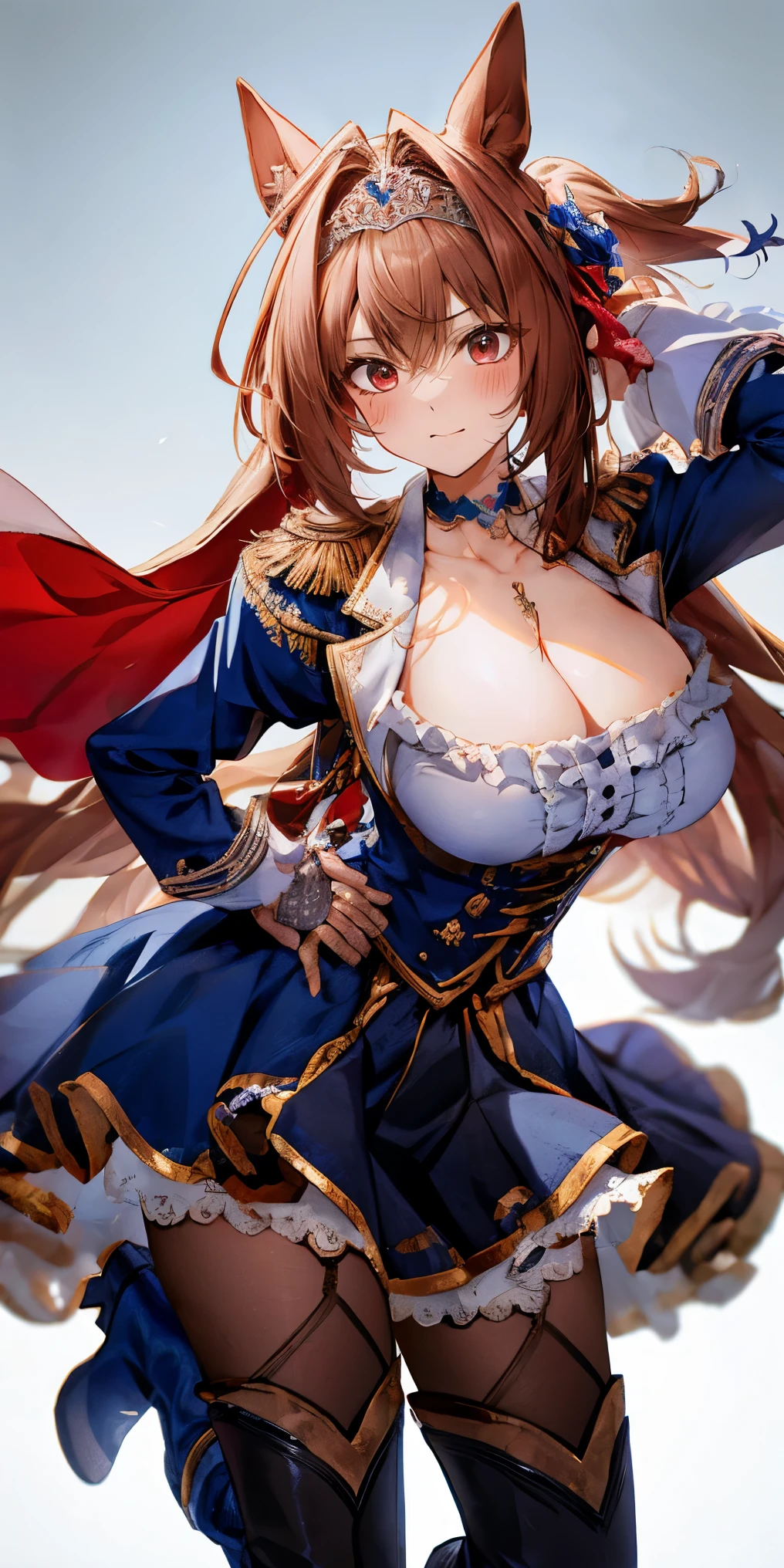 （（highest quality，8K，T Masterpiece：1.3）），sharp focus on breasts：1.2，cute woman with perfect figure：1.4，（（（（（huge cleavage））），（ridiculously big breasts：1.5），straight hair、hair in the wind（huge hips），smile，thin abs：1.2、//Character
1girl,
BREAK
//Fashions 
Gothic Steampunk Ensemble,
BREAK
Embrace the dark and mysterious allure of gothic fashion with a steampunk-inspired ensemble featuring elements of the plague mask aesthetic,
BREAK
Start with a structured corset or bodice in rich black or deep burgundy, adorned with intricate lace-up detailing and brass hardware for a steampunk edge,
Pair the corset with a layered tulle or lace skirt in varying lengths, adding volume and drama to the silhouette,
Incorporate accessories such as fingerless lace gloves, 
BREAK
a wide-brimmed top hat embellished with gears and feathers, and a choker necklace with ornate charms,
For the plague mask-inspired element, opt for a statement headpiece or mask crafted from leather or faux leather, featuring the iconic long beak design and embellishments such as studs, gears, and chains,
BREAK
Complete the ensemble with lace-up boots or Victorian-inspired heels, adding height and attitude to the look,
BREAK
