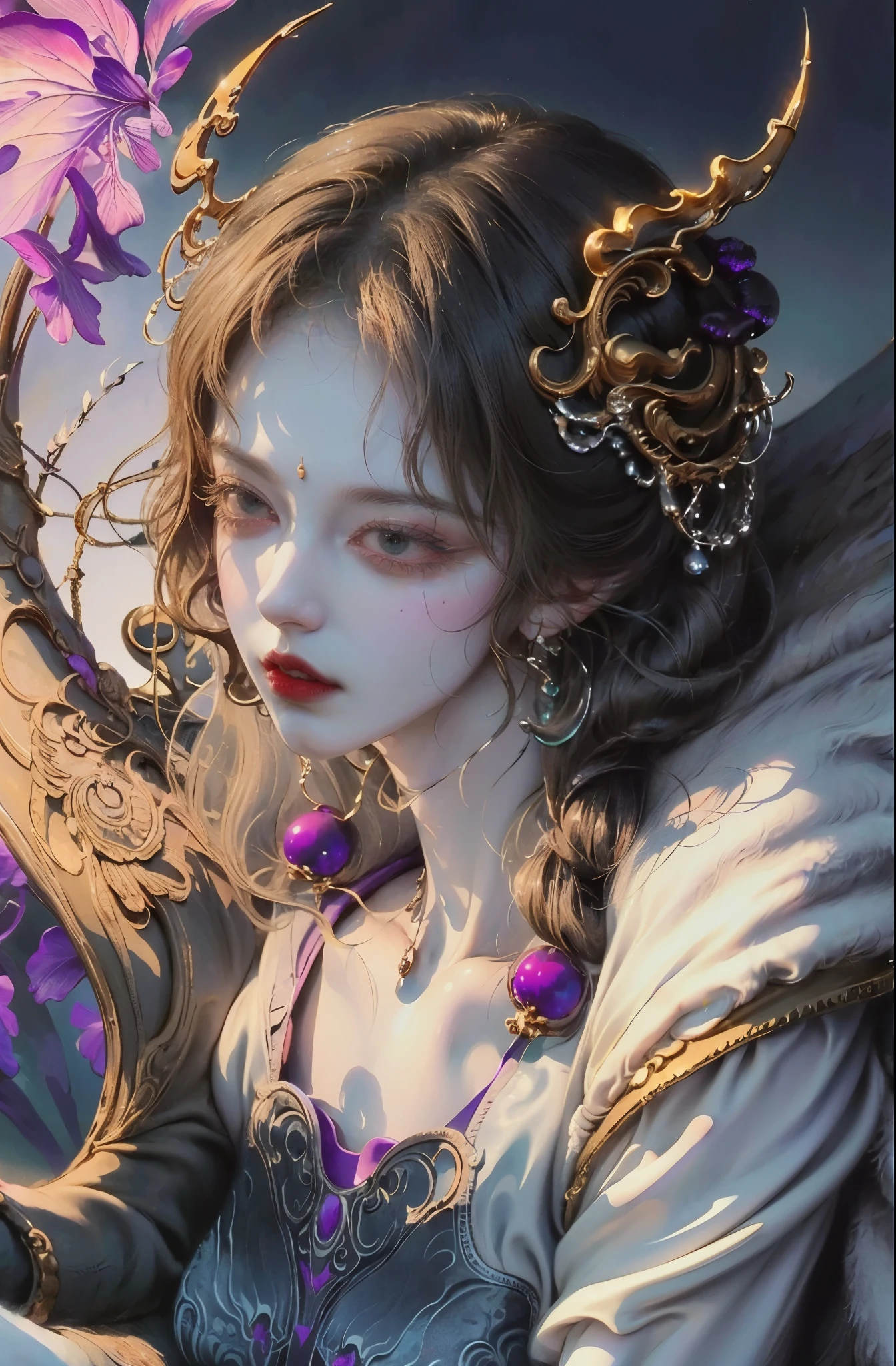 Close-up of woman wearing purple and black clothing, shadowbringers movie, 4K detail fantasy, beautiful fantasy queen, Game CG, xianxia fantasy, xianxia hero, 2. 5d cgi anime fantasy artwork, Movie goddess close up, Ruan Jia and artgerm, wow 4K detail fantasy, Super detailed fantasy characters