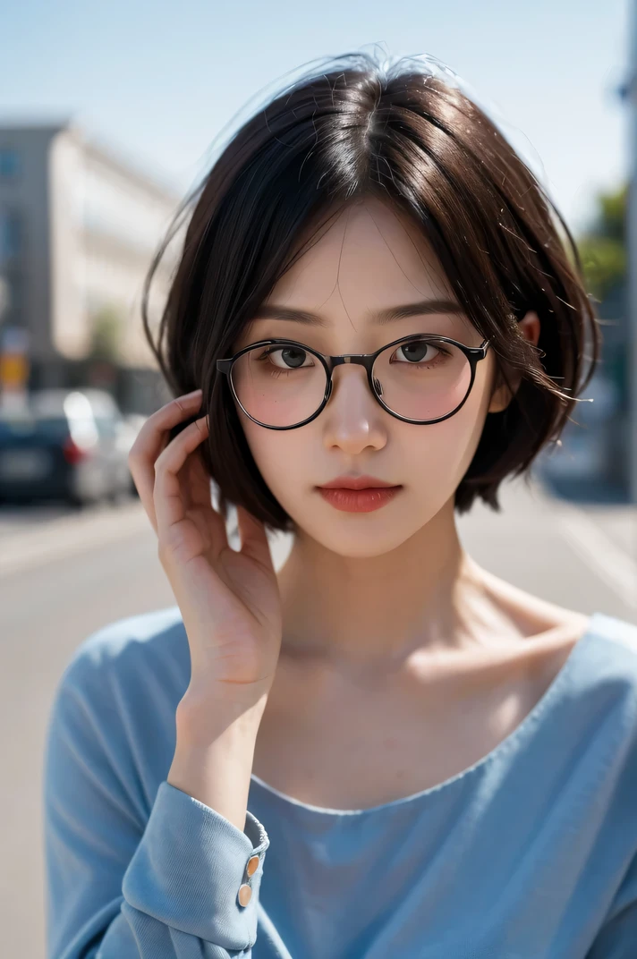 (RAW photo, 最high quality), (realistic, photo-realistic:1.3), very delicate and beautiful, wonderful, finely, masterpiece, Super detailed, High resolution, (best shadow), sharp focus, volumetric fog, 8k UHD, Digital single-lens reflex camera, high quality, Fujifilm XT3, a woman wearing Glasses and a blue top posing for 絵 in the street with her hand on her head, short hair,bob hair, Glasses,looking at camera,one piece,simple white background