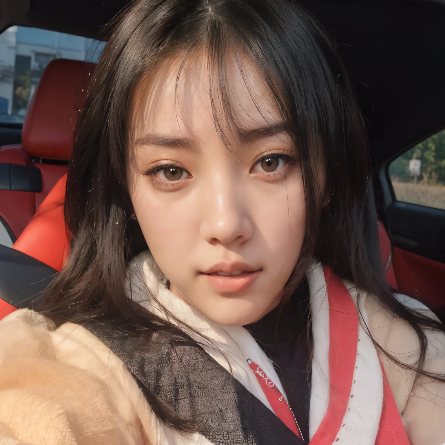 hay una mujer sentada en un auto con un, she has black hair con flequillo, ulzzang, sin maquillaje, ella tiene una linda cara expresiva, el corte de hime, pale korean adorable face, Young cute pale asian face, con flequillo, Jennie, lisa, jisoo
