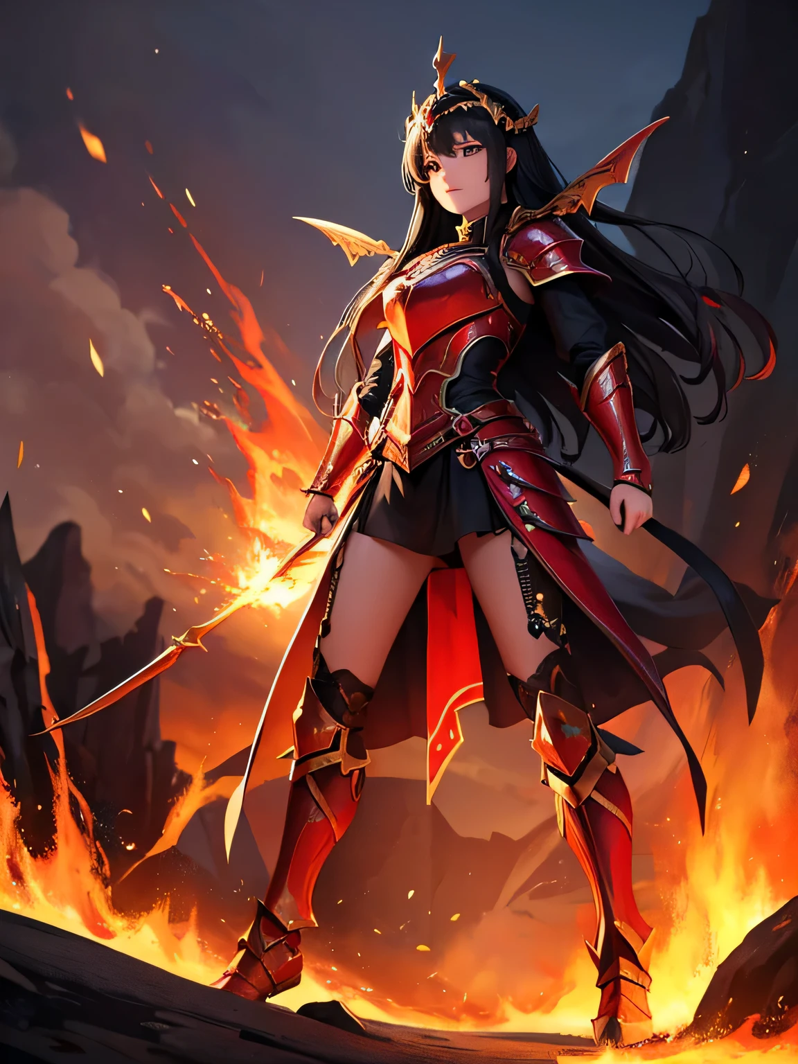 A woman wearing red heavy samurai armor, with metal boots, red bracelet, long black hair, with golden scarf in her hair, holding an unsheathed katana, glowing red eyes, sadistic smile, with a large phoenix of fire behind, walking on a rock platform, with a sadistic look, full body.,HDR, ultra resolution, well defined, masterpiece, 8K HD. (solo woman)