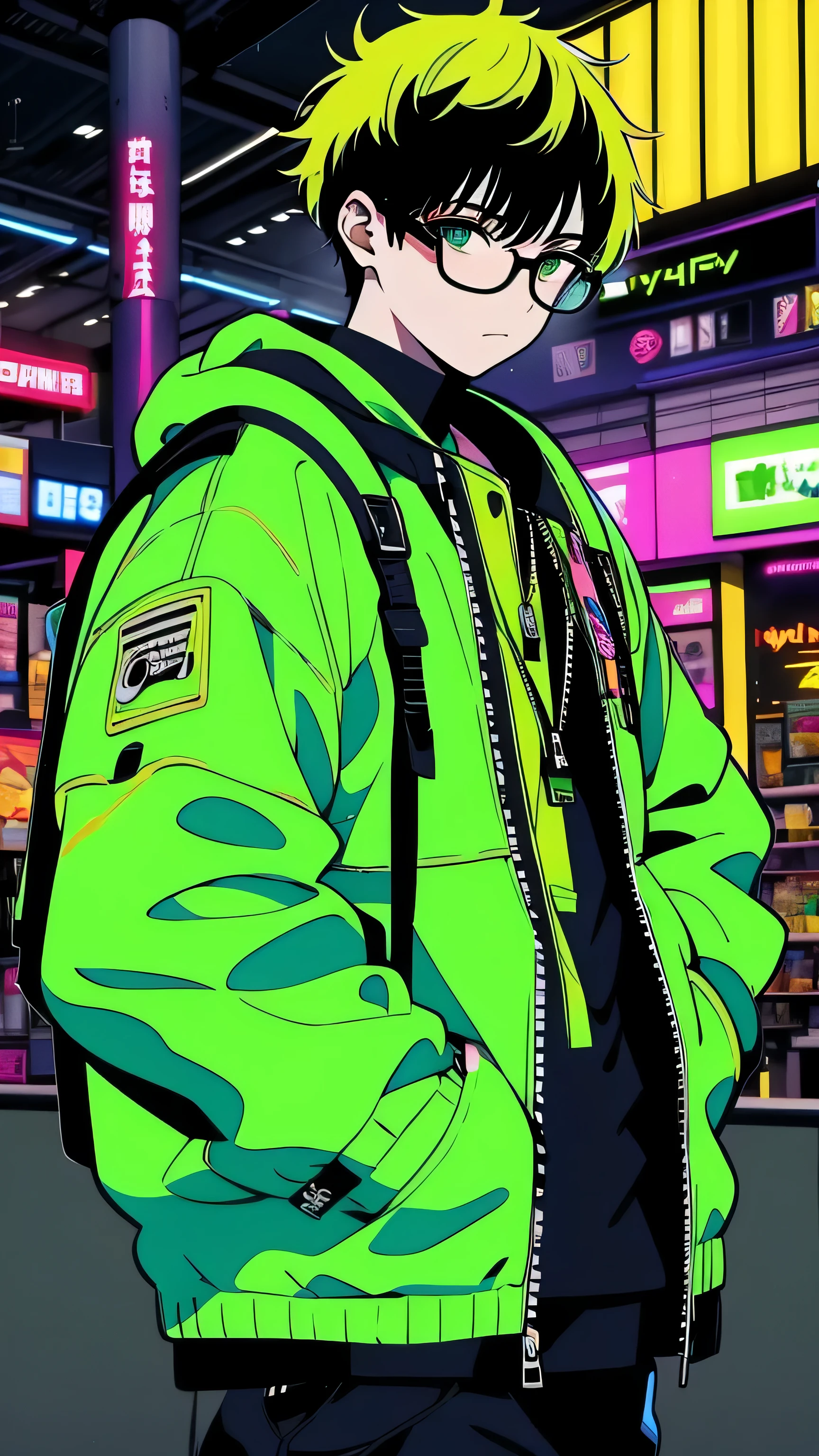 Glasses　green hair　short hair　yellow food court　put both hands in pockets　1 male　cyber punk　Backpack
