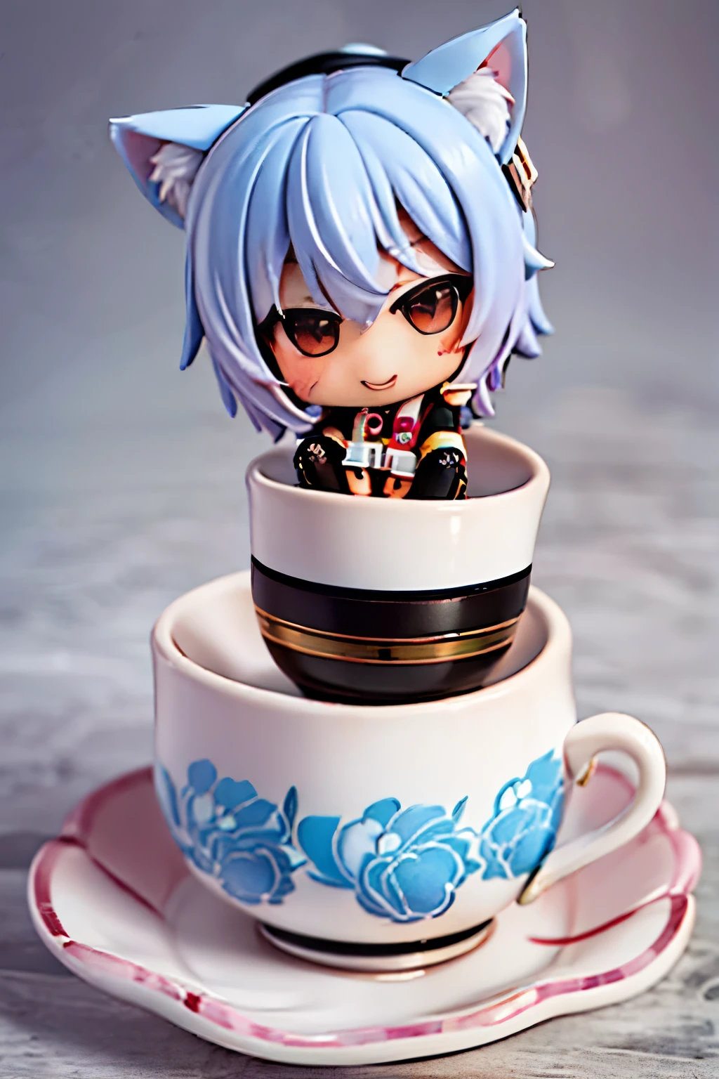 (Chibi no Boy:2)、blue hair that is messy and bouncing、Cat ear、(There are three cat whiskers on each cheek.)、white dress shirt、black pants、black suspenders、smile