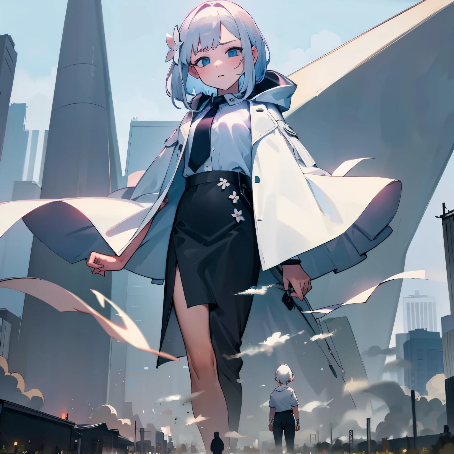A girl with white bob hair is standing facing forward。wearing a black shirt and tie。high waisted leather skirt。wearing a white jacket with a hood。white flower field in the background。