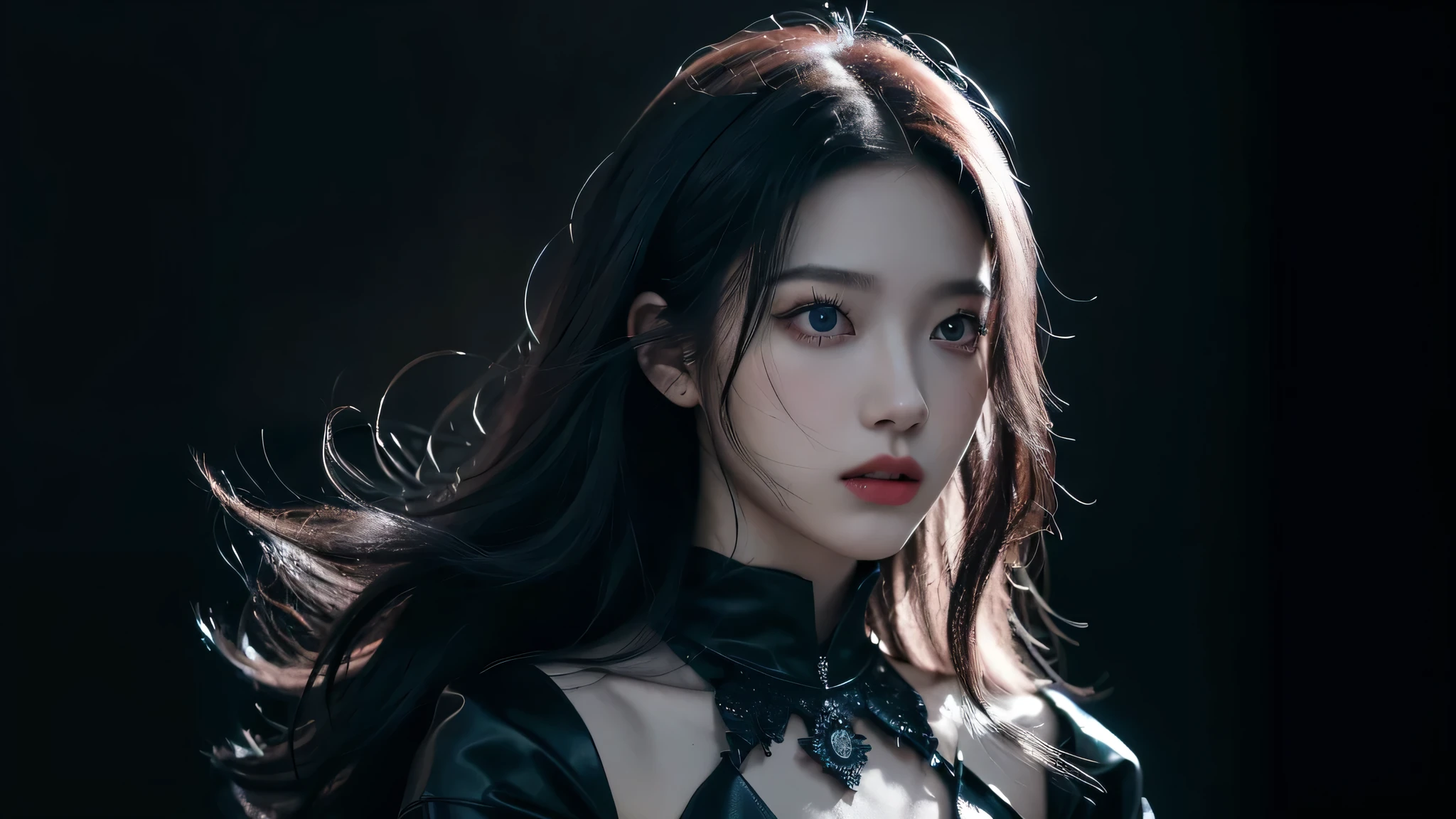 (best quality, highres:1.2), realistic, black dress, black hair, dark theme, black background, intense gaze, elegant posture, flowing dress, detailed facial features, long eyelashes, pale skin, contrast, fine details, dramatic atmosphere, gothic style, intense emotions, monochrome color palette, captivating setting, haunting beauty, artistic photography, everything is black