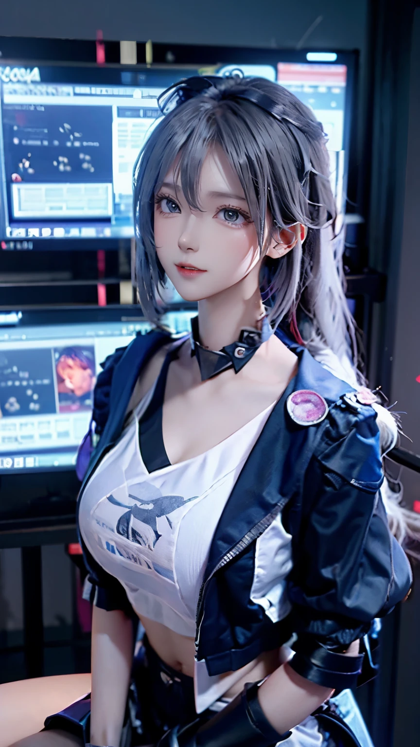 silver wolf,Supermodel, voluptuous,girl sitting,Perfect details,spoiled look,Try to hug the screen,dark room,gaming pc,gentle expression,cheeks are red