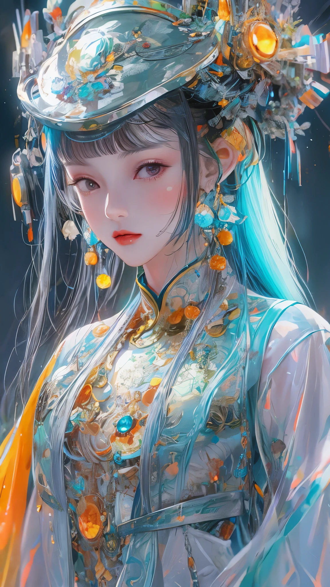 Tang suit,Chinese Hanfu,face close-up,a image of a woman wearing colorful robot tech, in the style of free-flowing surrealism, shiny/glossy, precise and lifelike, hard surface modeling, precisionist lines, light silver and azure, engineering/construction and design,Luminous Big Hat Luminous Hair Accessories, long hair, Luminous earrings, glow necklace, cyberpunk,transparent clothes,rainbow colors