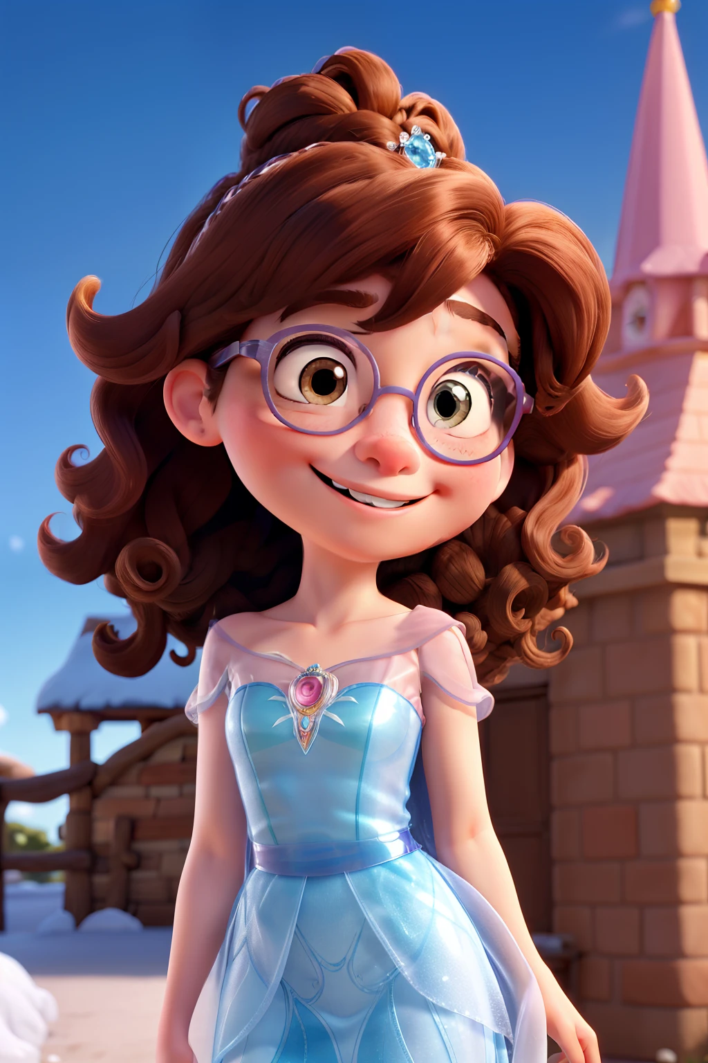 poster of a Disney cartoon, with a Frozen theme, of a four-year-old girl smiling, curly brown hair, wearing light pink glasses, looking forward, wearing a long light blue Elsa dress, with a transparent cape, in a princess pose , middle view, disney pixar style