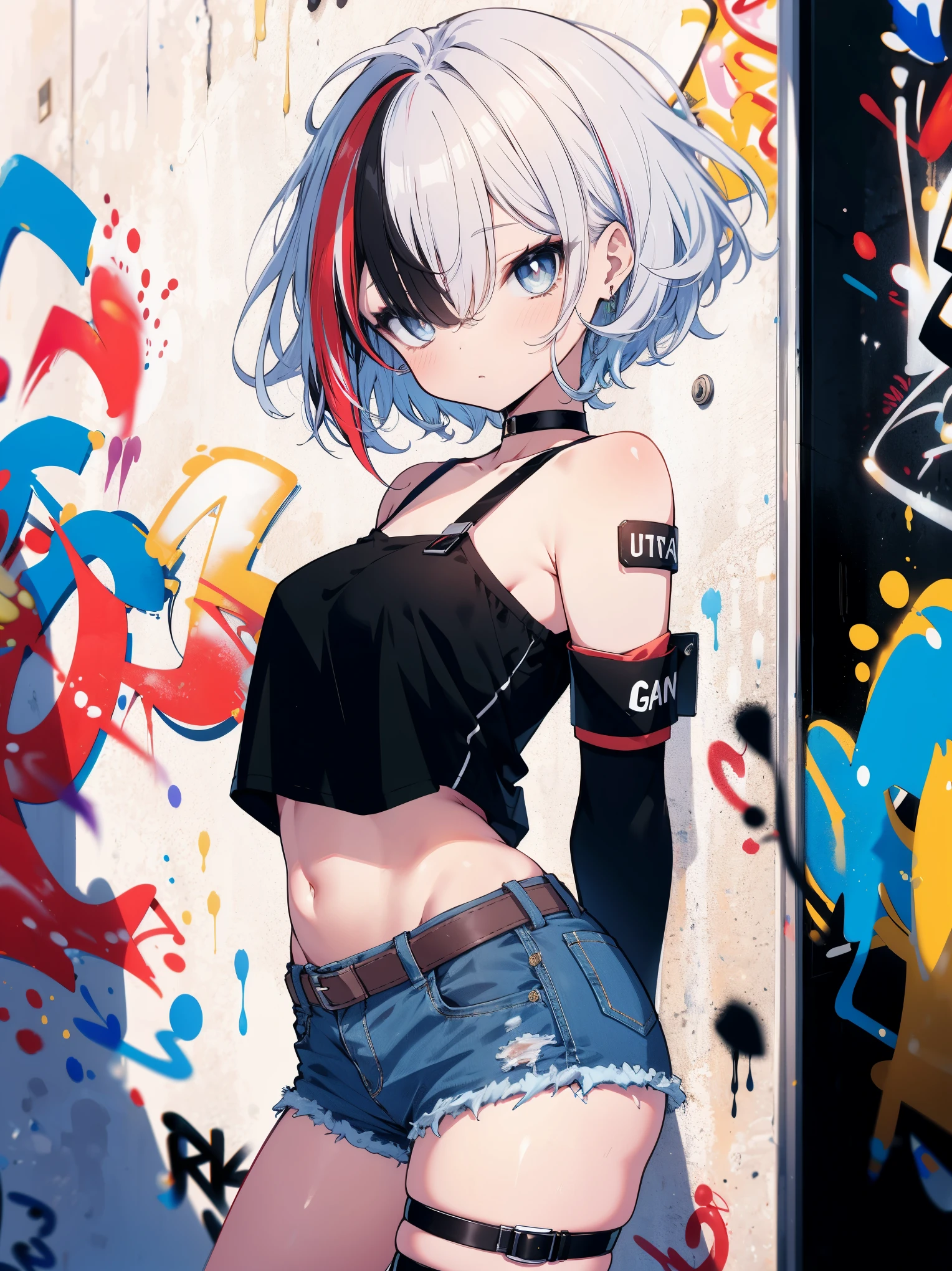 (cowboy shot), (best quality, ultra-high resolution, depth of field:1.2), adult, 1woman, toned body, medium breasts, wide hips, solo, black hair, streaked hair, short hair, bangs, black crop top, strings, denim shorts, choker, (graffiti:1.4), paint splatter, arms behind back, (slouching), against wall, (leaning to the side:0.5), looking at viewer, armband, thigh strap, streaked hair, paint on body, upturned eyes, head down, head tilt, (from side:1), bored
