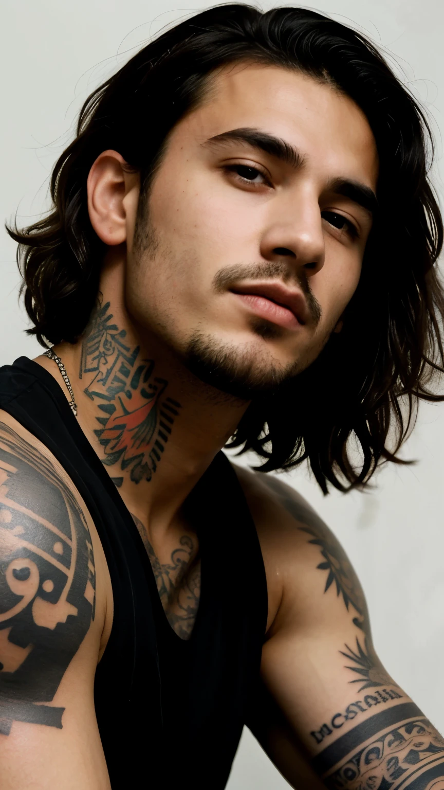((best quality)), ((masterpiece)), (detailed), perfect face, close-up portrait man with tattoo, medium hair, from below, wear black sleeveless shirts