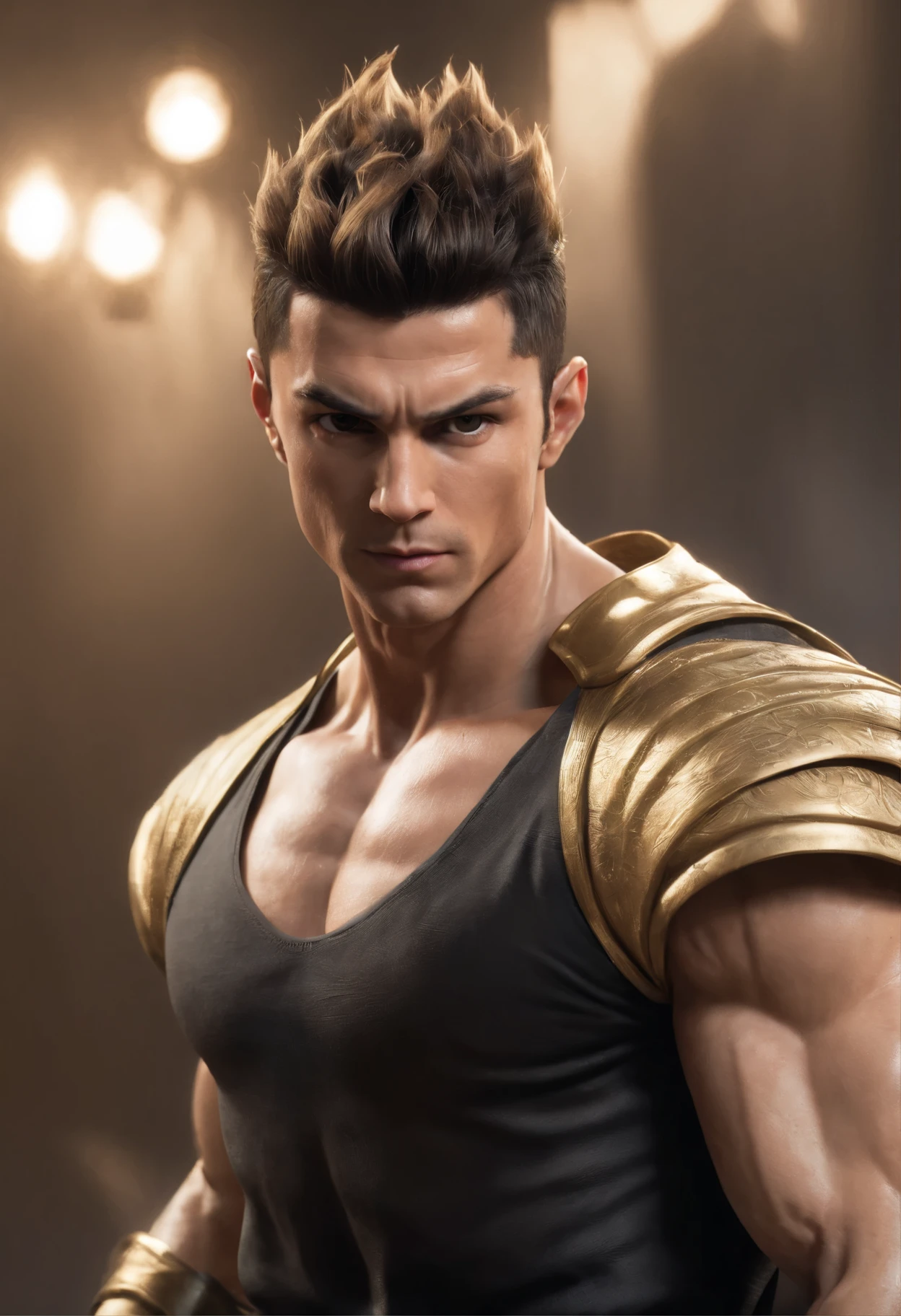 A realistic full body image of Cristiano Ronaldo as a super saiyan, SSJ2, wearing black and bronze saiyan clothes, heavy Ki around, destruction around, intense ki power, angry face, detailed face, detailed eyes, perfect composition, beautiful detailed intricate insanely detailed octane render trending on artstation, 8k, masterpiece, full body image,