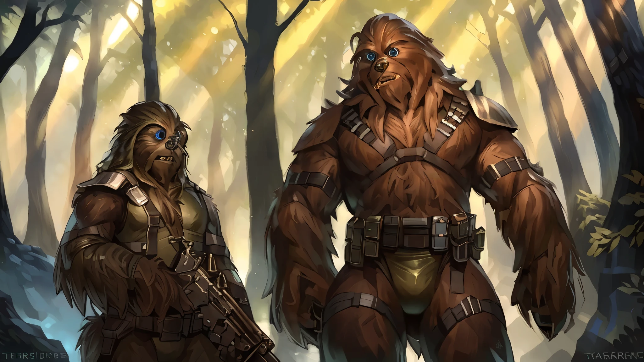 ((A tall male wookie wearing a green leotard with a utility belt)), thigh holster, bandoleer, leather straps, tactical, leather gloves, Star Wars blaster, gun, strong, shoulder pads, 4K, Detailed Background, forest, bright sunlight, detailed eyes, by Taran Fiddler