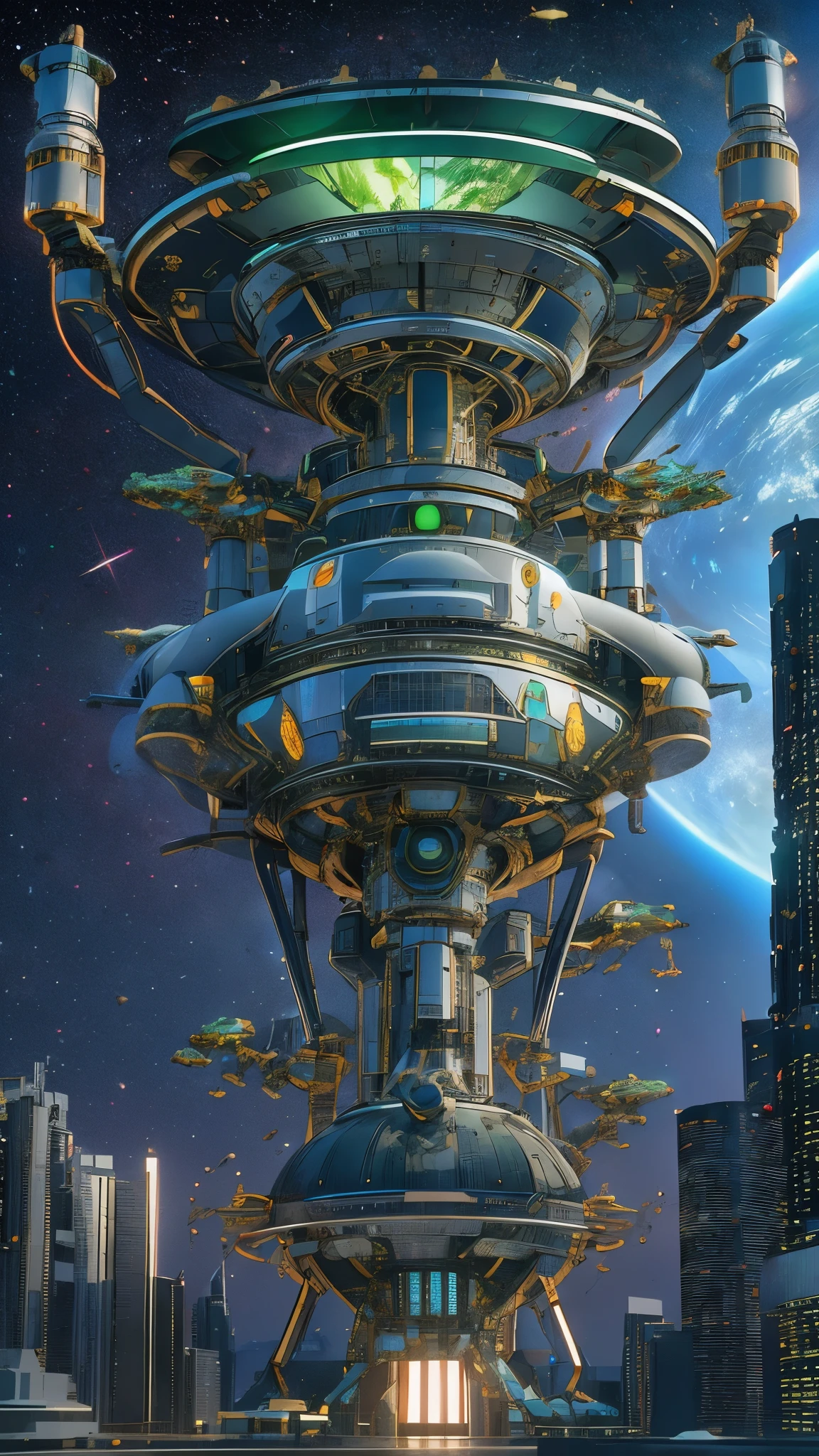 未来派水稻田与Space Station,alien rice元素,deep space background,The stars are shining,The universe is boundless,Space Station,Complex and exquisite structure,Reflect the sun's rays,Showcase the brilliance of human science and technology,alien rice,Tall and lush form,Emits light fluorescence,Avant-garde abstract colors and lines,deep purple、Neon blue and fluorescent green,Echo each other,Create unique visual effects,science fiction elements,Space station advanced equipment,alien rice神秘纹理,Intelligent robotic arm precise operation,Drone patrol monitoring,AI tool optimization and adjustment,vivid and lifelike,The perfect combination of future agriculture and space technology,Exploration and expectation of extraterrestrial life,Unlimited reverie。