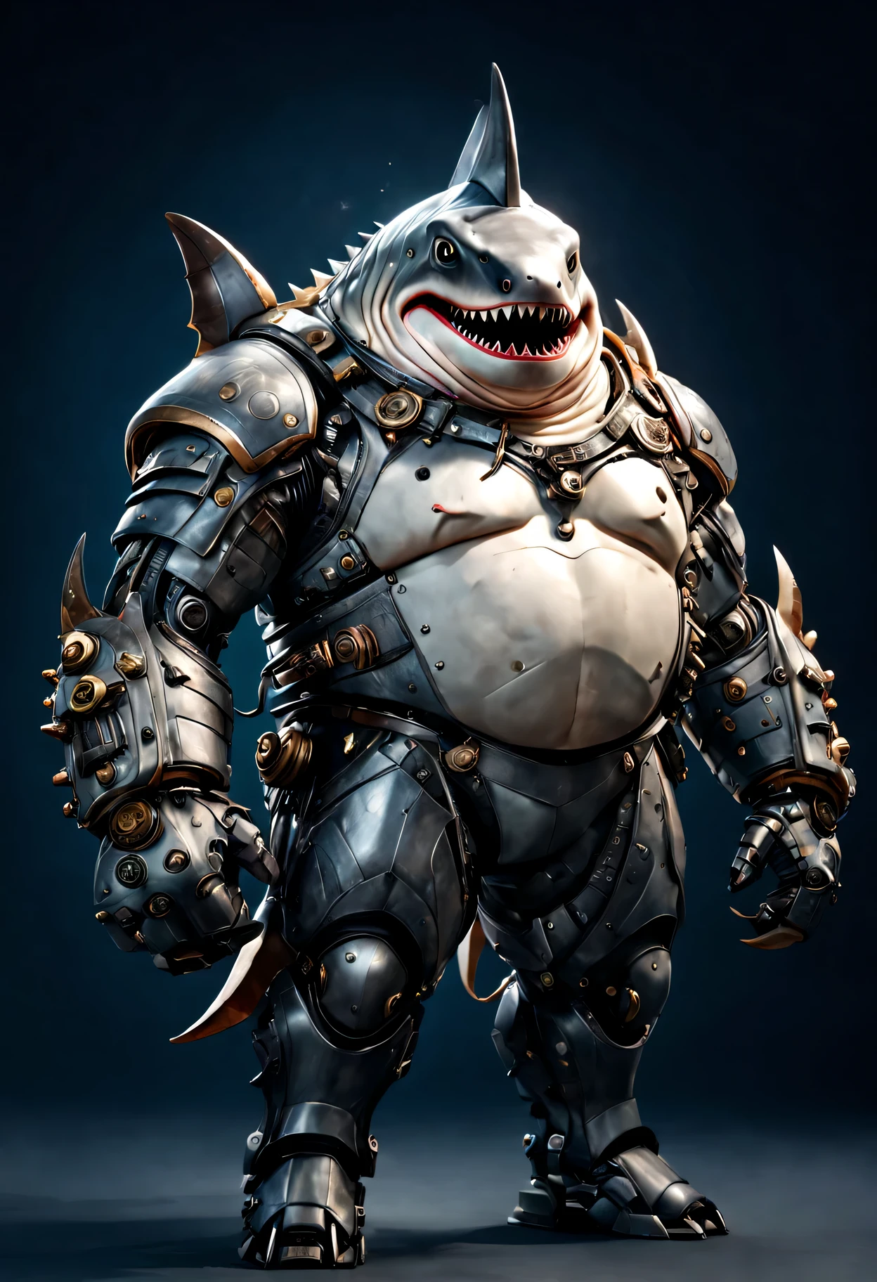 photorealistic portrait of Dressed animals - a ((fat)) shark warrior,(brave pose), high quality,(lovely) ,intricate detailed giant mechanical arms, highly detailed ((mechanical armor) ,,highly detailed decorations, , (brave), studio lighting,(full body image from head to toe:1.5)
