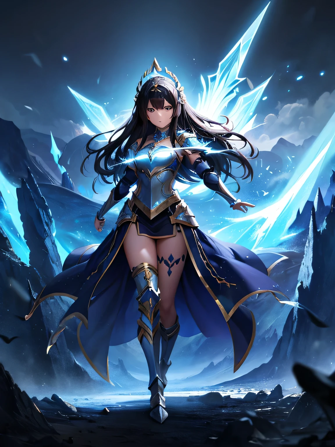 On a battlefield, magic, warrior, air, 1girl, dark hair, blue small magic crystal on hand, glowing, fantasy, paladin armor, head piece, full body, air spirit on background,