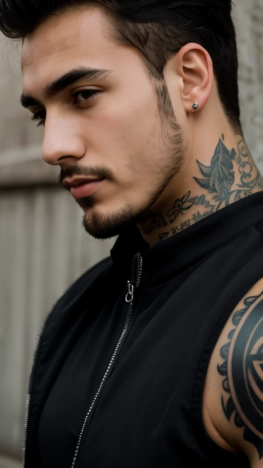 ((best quality)), ((masterpiece)), (detailed), perfect face, close-up portrait man with tattoo, medium hair, from below, wear black sleeveless shirts, black jacket