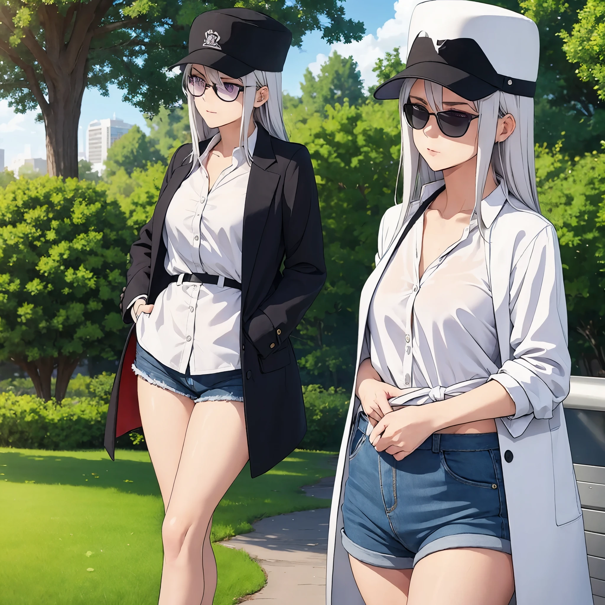 a woman wearing a white shirt, women's short denim shorts, coat over her waist, casual black hat, silver hair, purple eyes, wearing sunglasses in a park
