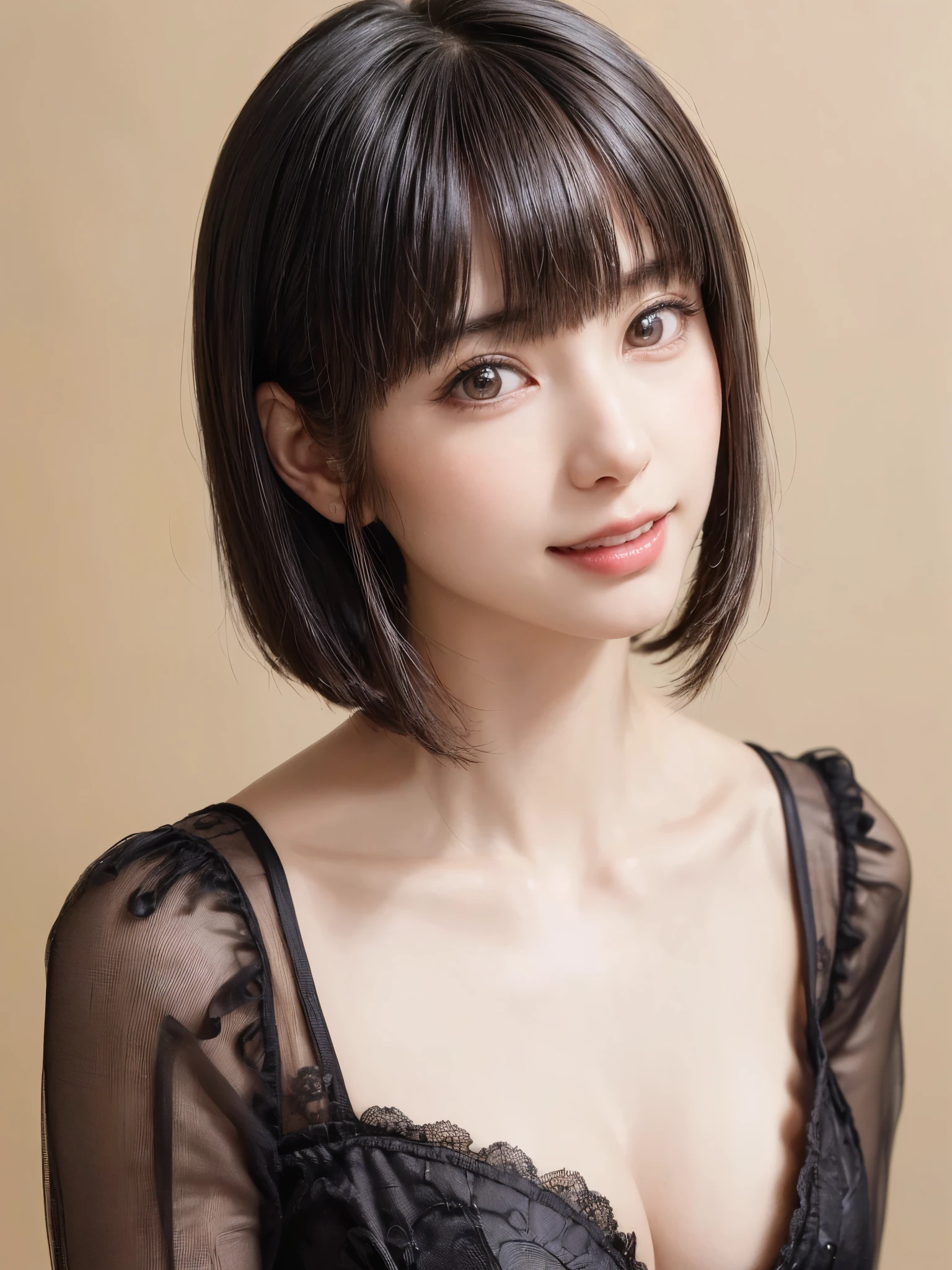 (table top, highest quality、ultra high resolution、face focus focus、focus on the sides、navel focus、decolletage focus、very attractive beauty、Adds intense highlights to the eyes、look closely at the camera:1.4、Absolutely beautiful bangs:1.4、Brunette short bob hair with bangs:1.4),1 girl, Report, black haired, realistic, looking at the viewer, pale black eyes, short hair, lips, lip gloss, Upper body、Big eyes、eyelash)、((italian natural background、hyper real stick:1.4))、((short hair with bangs:1.4、Beautiful bangs with 46 points:1.4、{Huge|big|Hugeな|mega} chest:2, cleavage:2、Big eyes、Give your students very powerful highlights、very bigger chest、look at the audience、very beautiful beauty、show me your ears、beautiful long neck、beautiful decollete、smile、A smilee　beautiful teeth、Open your mouth and smilee))、28 years old、very cute super model、perfect anatomy